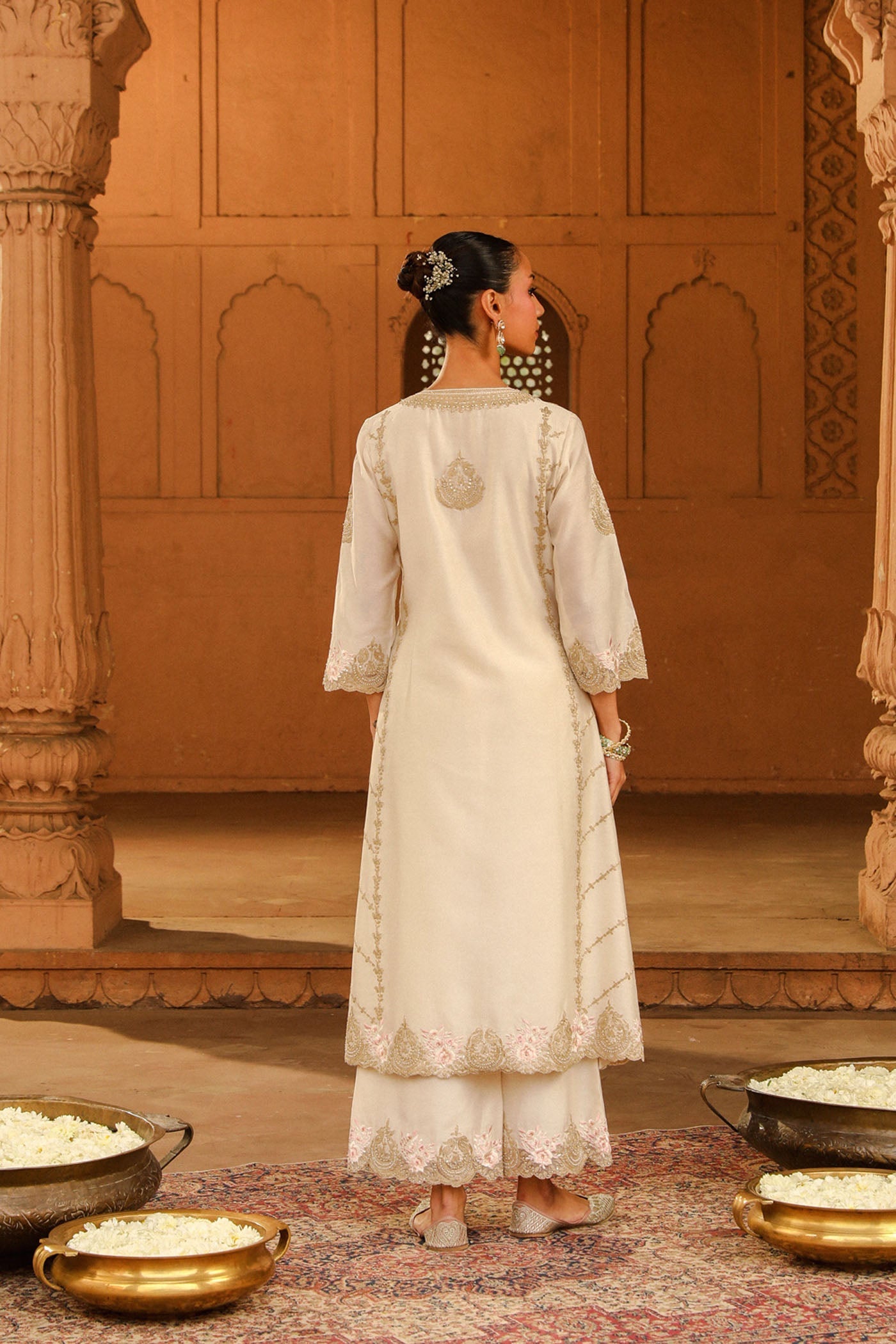 Yusra - Daisy Ivory Long kurta with palazzo and dupatta