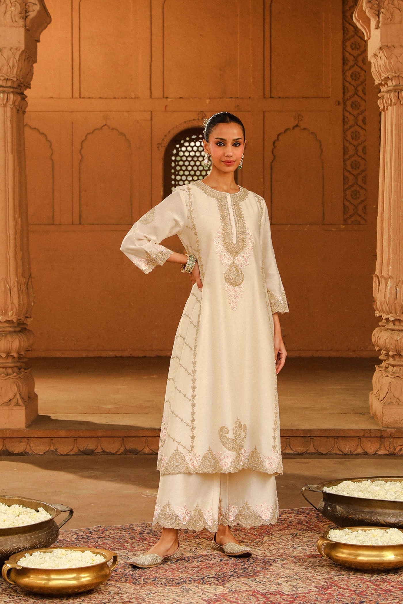 Yusra - Daisy Ivory Long kurta with palazzo and dupatta