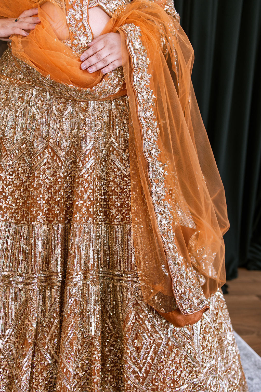 Rust Orange Sequin - Mila Bridal Lehenga - Ready To Ship