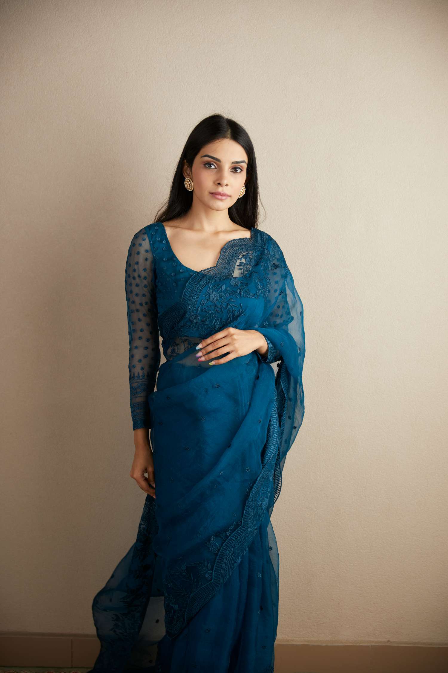 Teal Blue Thread Work Saree Set