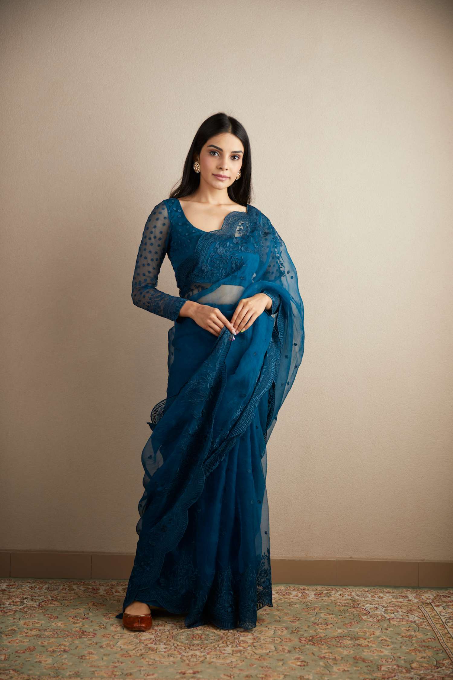 Teal Blue Thread Work Saree Set