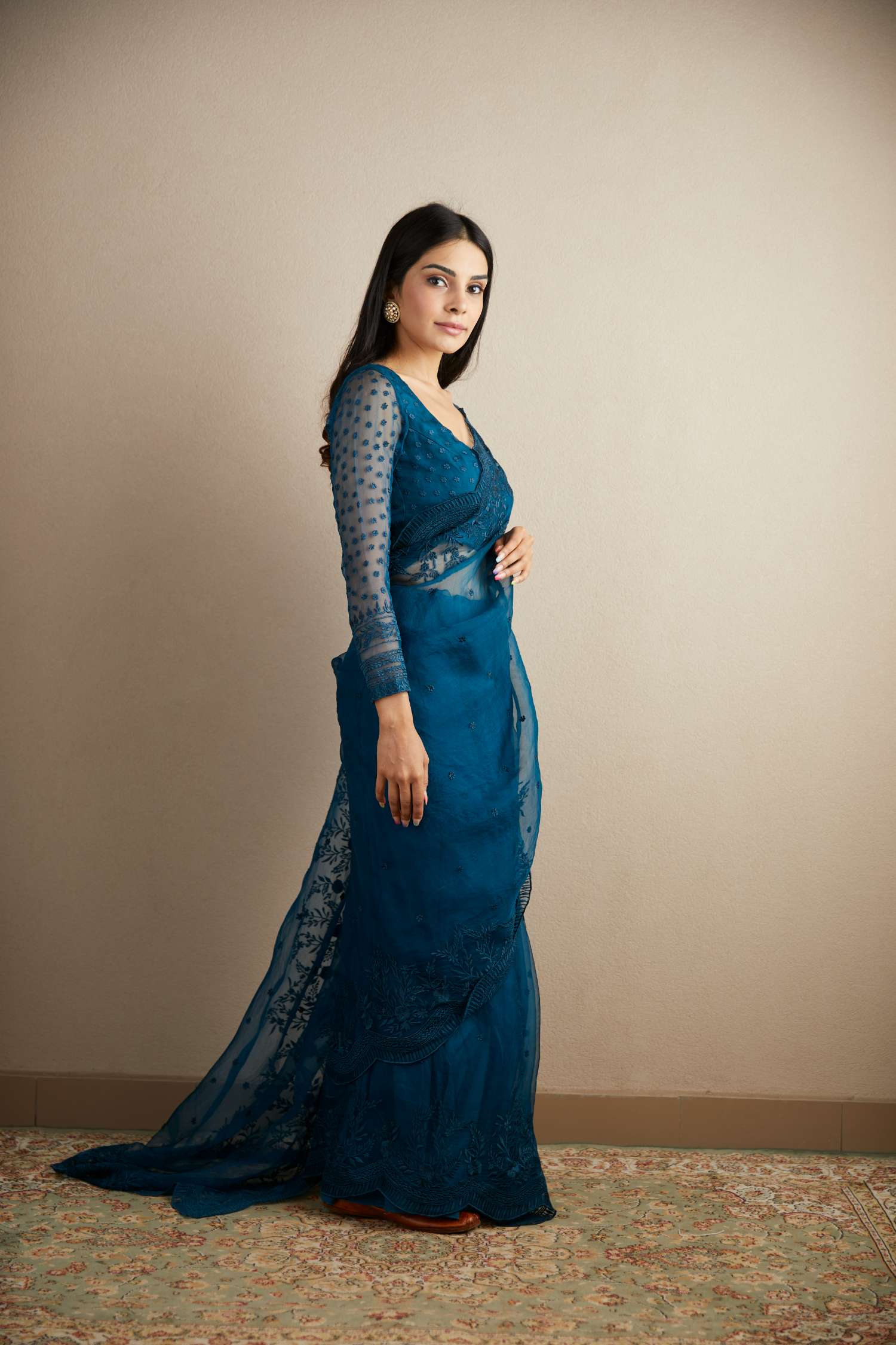 Teal Blue Thread Work Saree Set
