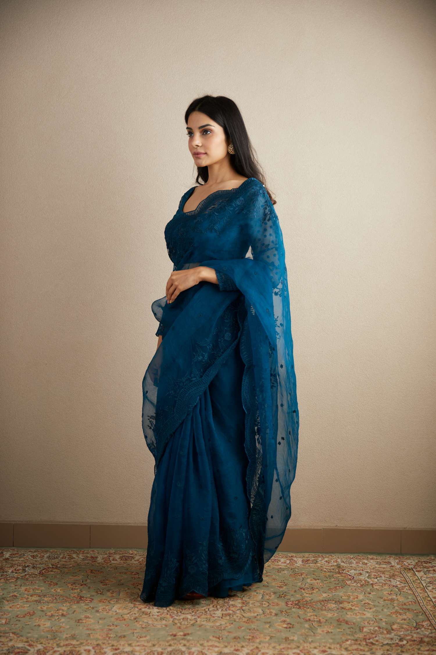 Teal Blue Thread Work Saree Set