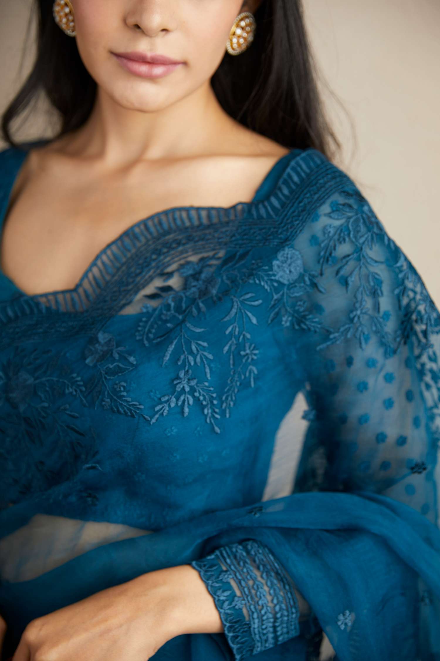Teal Blue Thread Work Saree Set