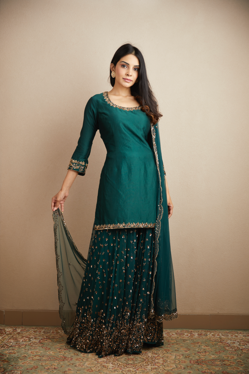 TEAL GREEN BOOTIE KURTI AND SHARARA SET