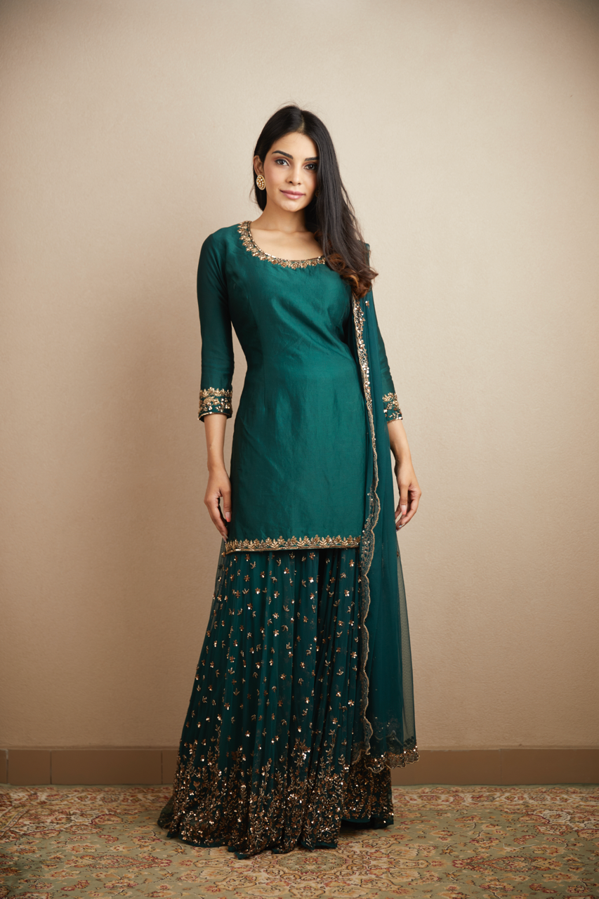 TEAL GREEN BOOTIE KURTI AND SHARARA SET