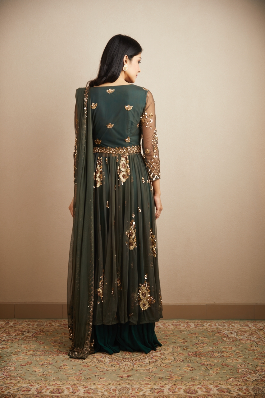 BOTTLE GREEN FRONT OPEN JACKET AND SHARARA SET