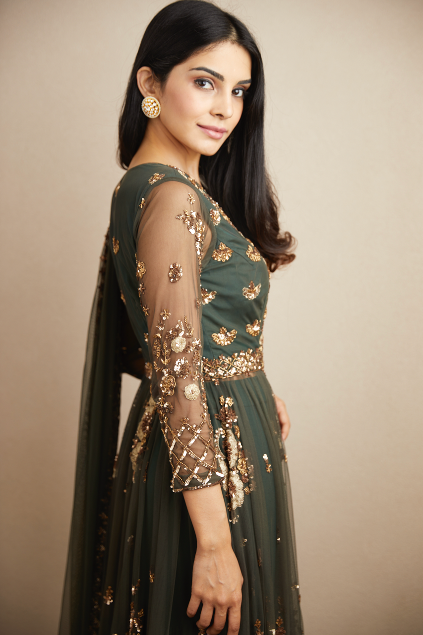 BOTTLE GREEN FRONT OPEN JACKET AND SHARARA SET