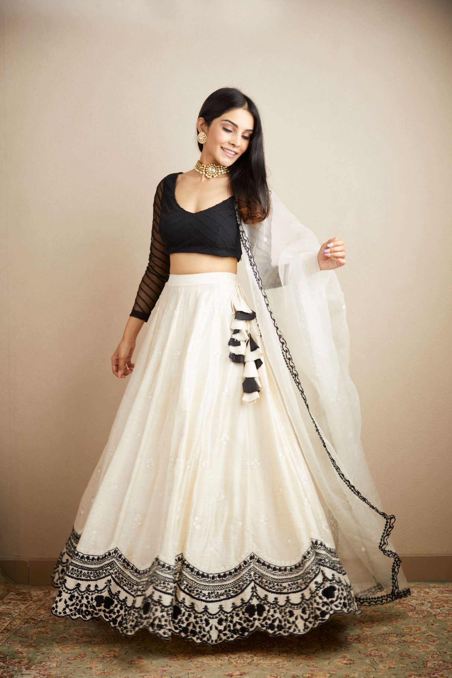 White Black Threadwork Lehenga Set