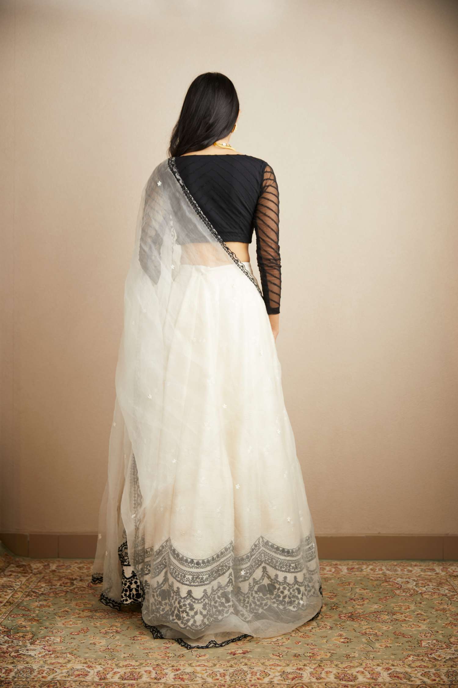 White Black Threadwork Lehenga Set