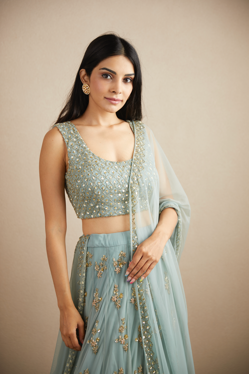 POWDER BLUE WITH GOLD BOOTIE WORK LEHENGA SET