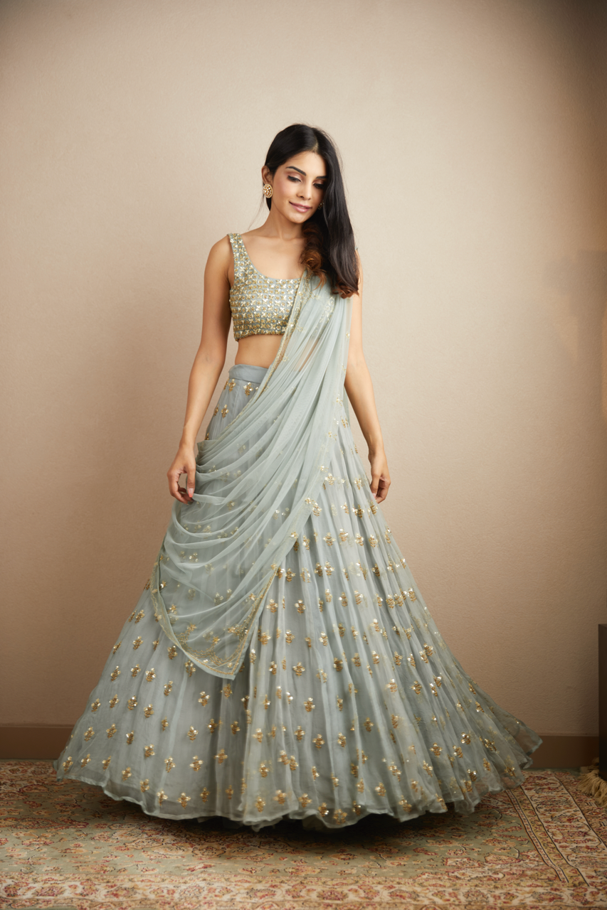 POWDER BLUE WITH GOLD BOOTIE WORK LEHENGA SET