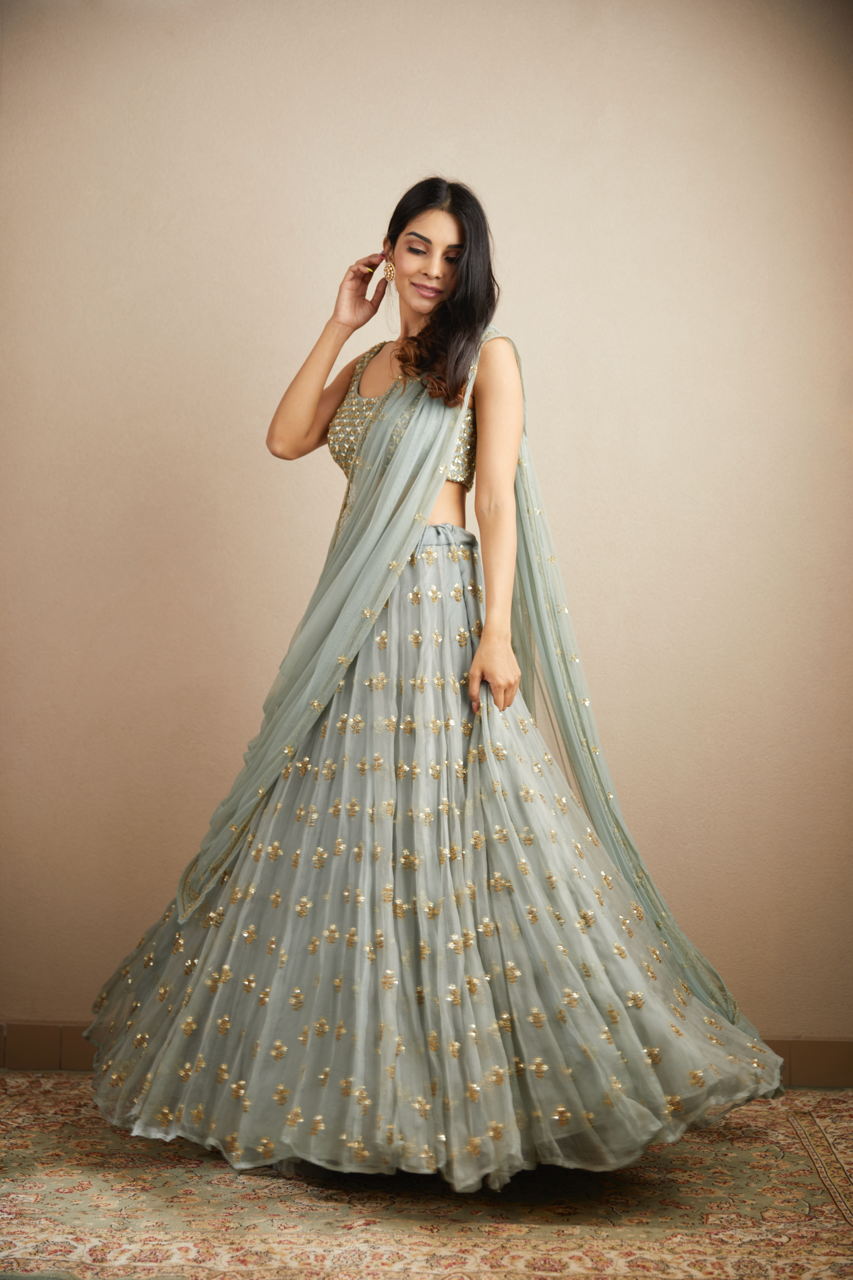 POWDER BLUE WITH GOLD BOOTIE WORK LEHENGA SET