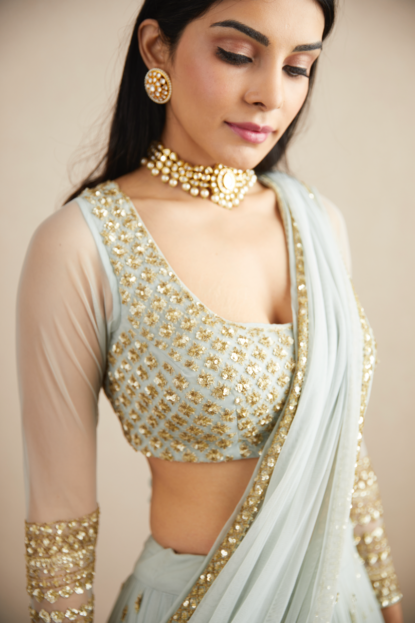 POWDER BLUE WITH GOLD BOOTIE WORK LEHENGA SET
