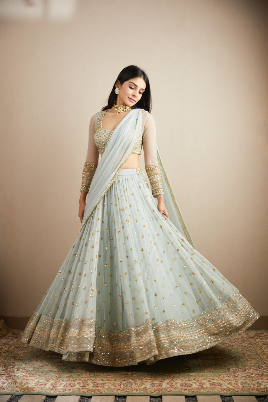 POWDER BLUE WITH GOLD BOOTIE WORK LEHENGA SET