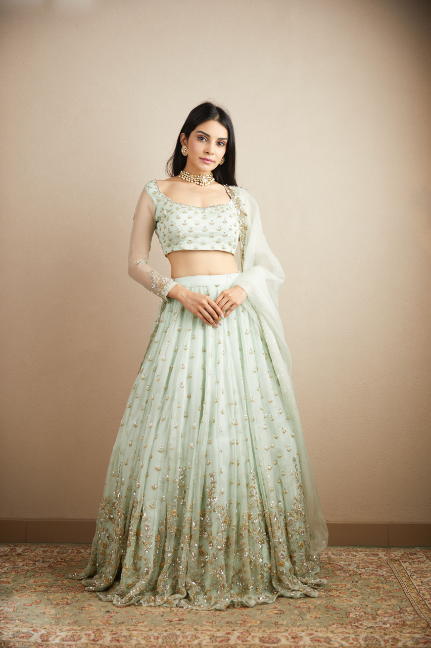 POWDER BLUE WITH GOLD BOOTIE WORK LEHENGA SET