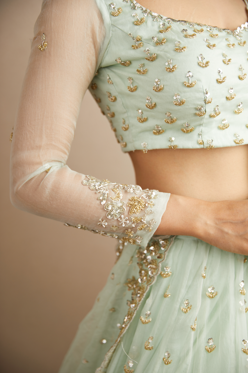 POWDER BLUE WITH GOLD BOOTIE WORK LEHENGA SET