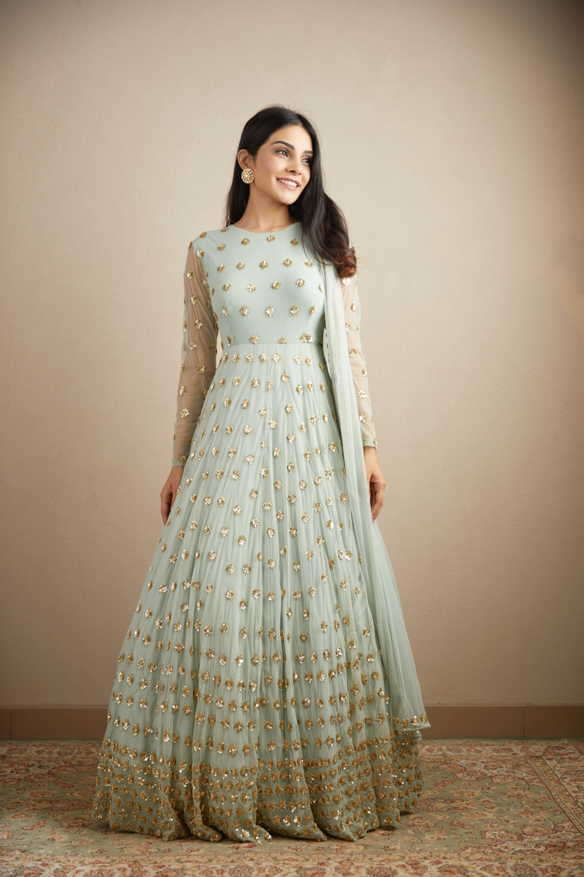 POWDER BLUE WITH GOLD BOOTIE WORK ANARKALI SET