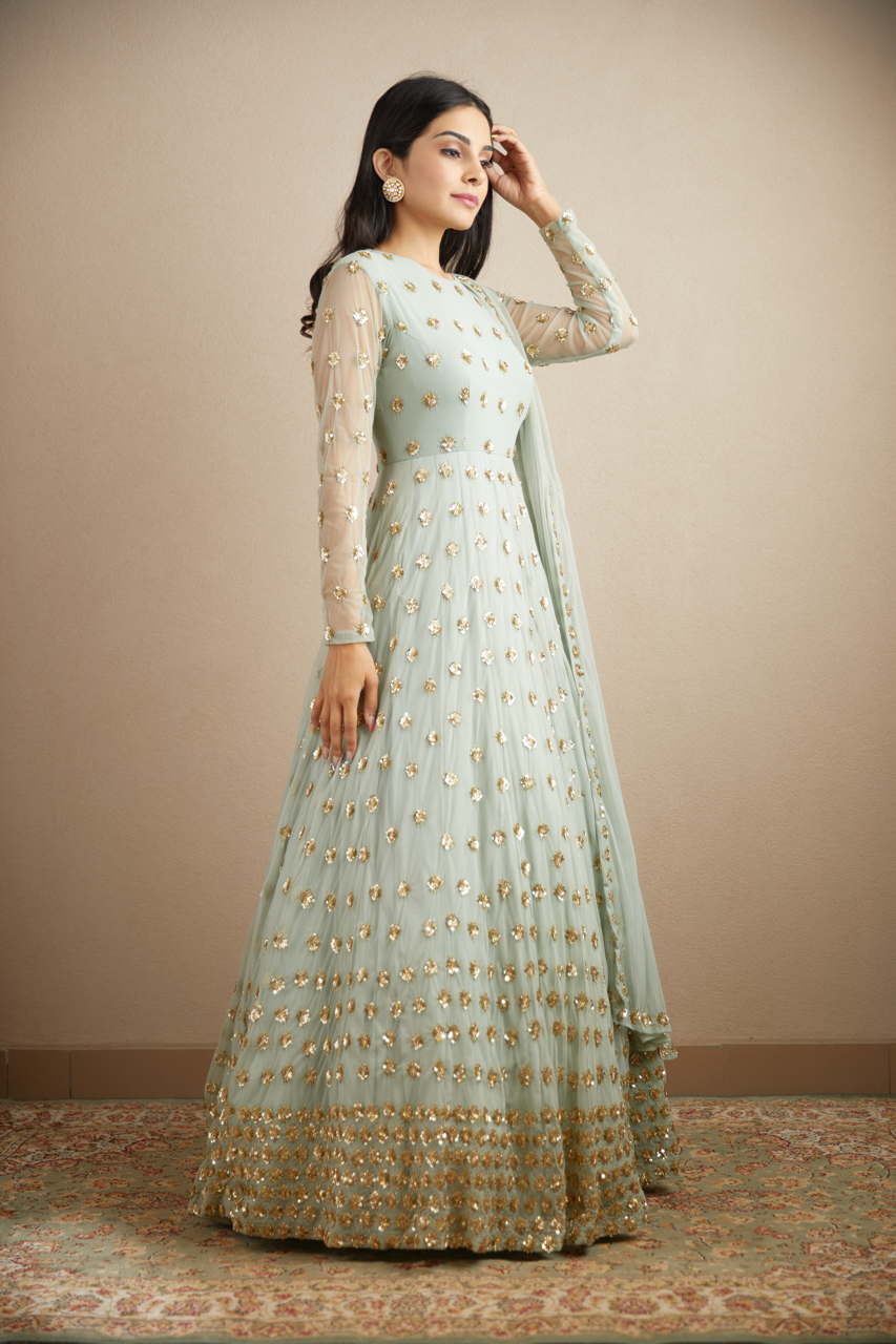 POWDER BLUE WITH GOLD BOOTIE WORK ANARKALI SET