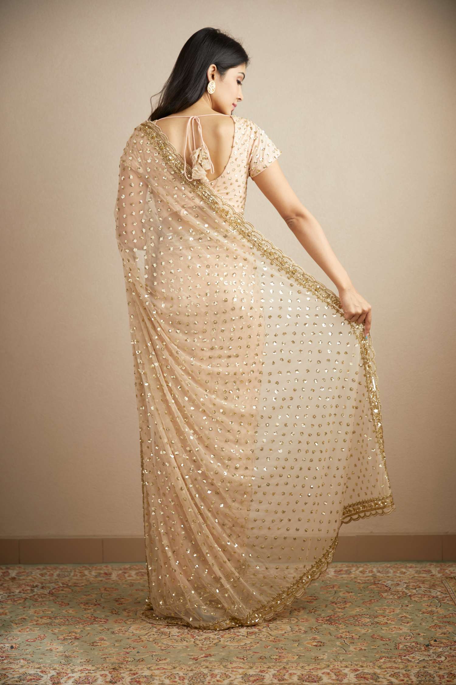 Peach Pink Heavy Shimmer Work Saree Set