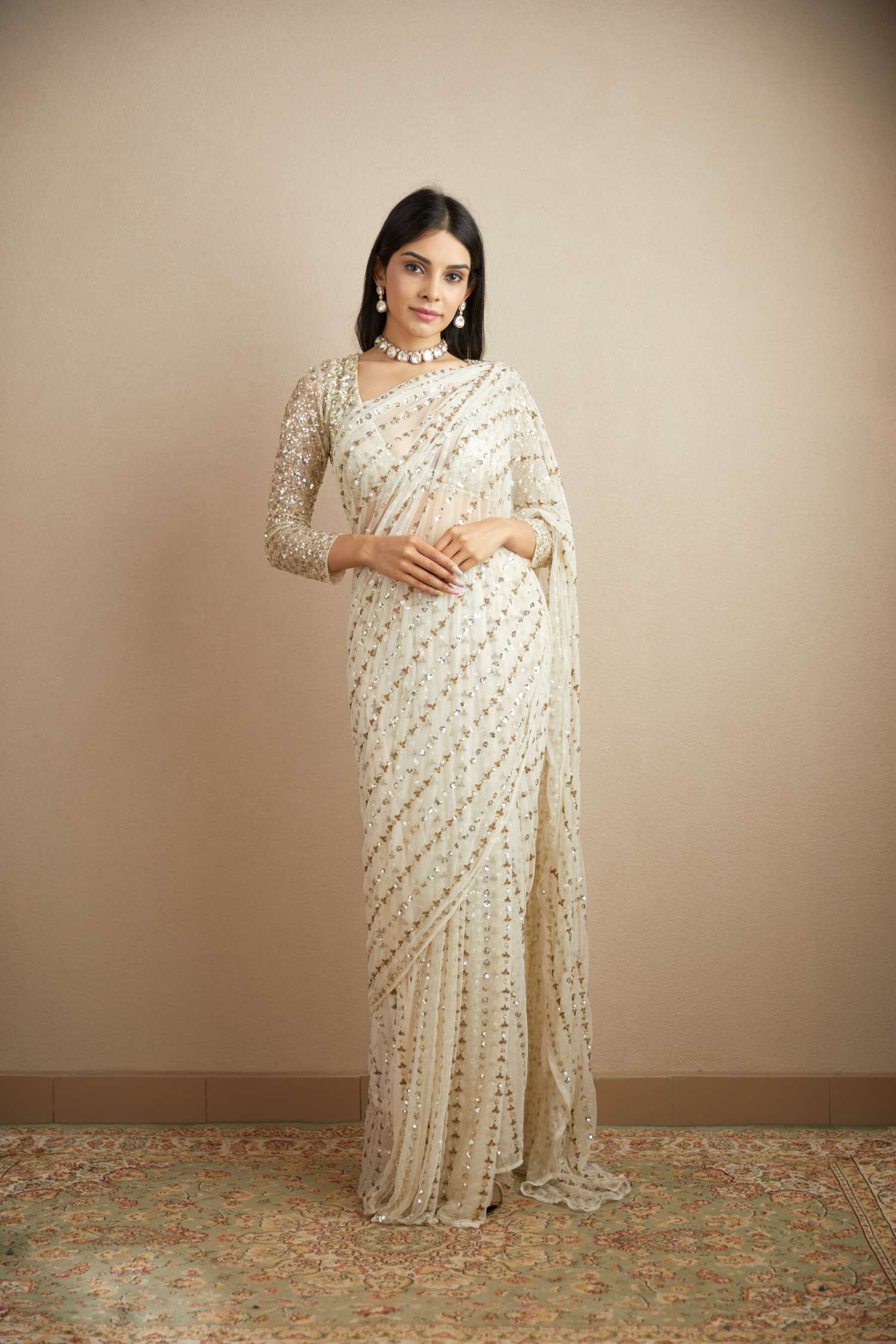 White Net Line Work Saree Set