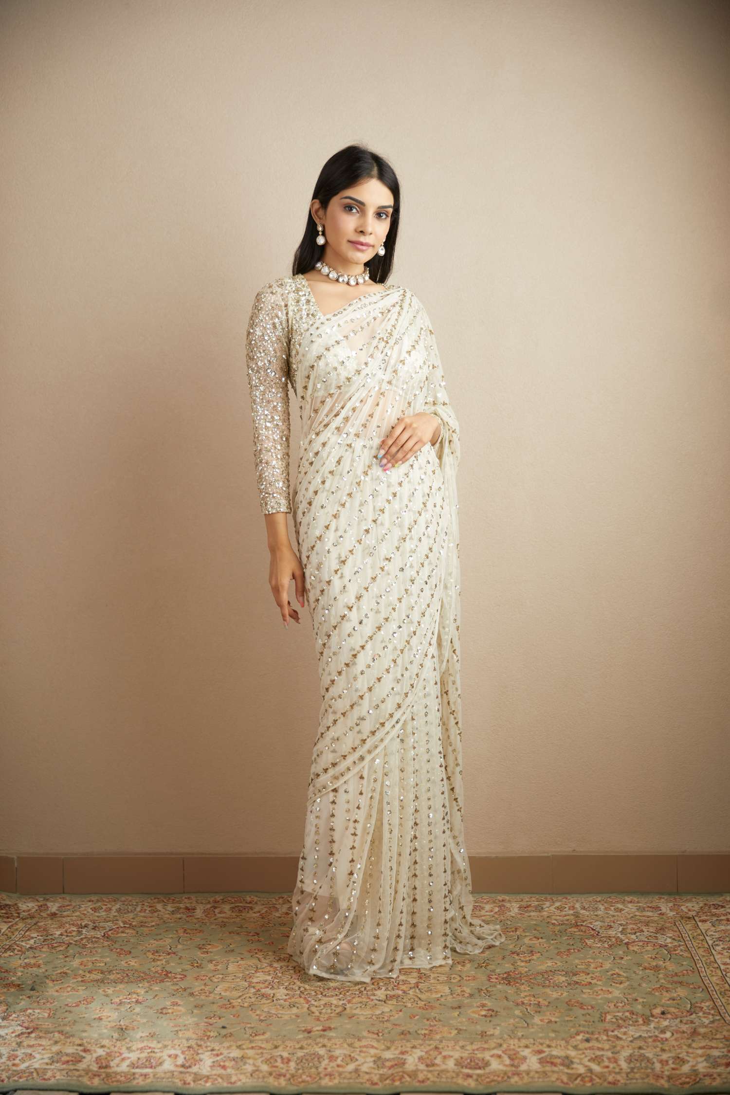 White Net Line Work Saree Set