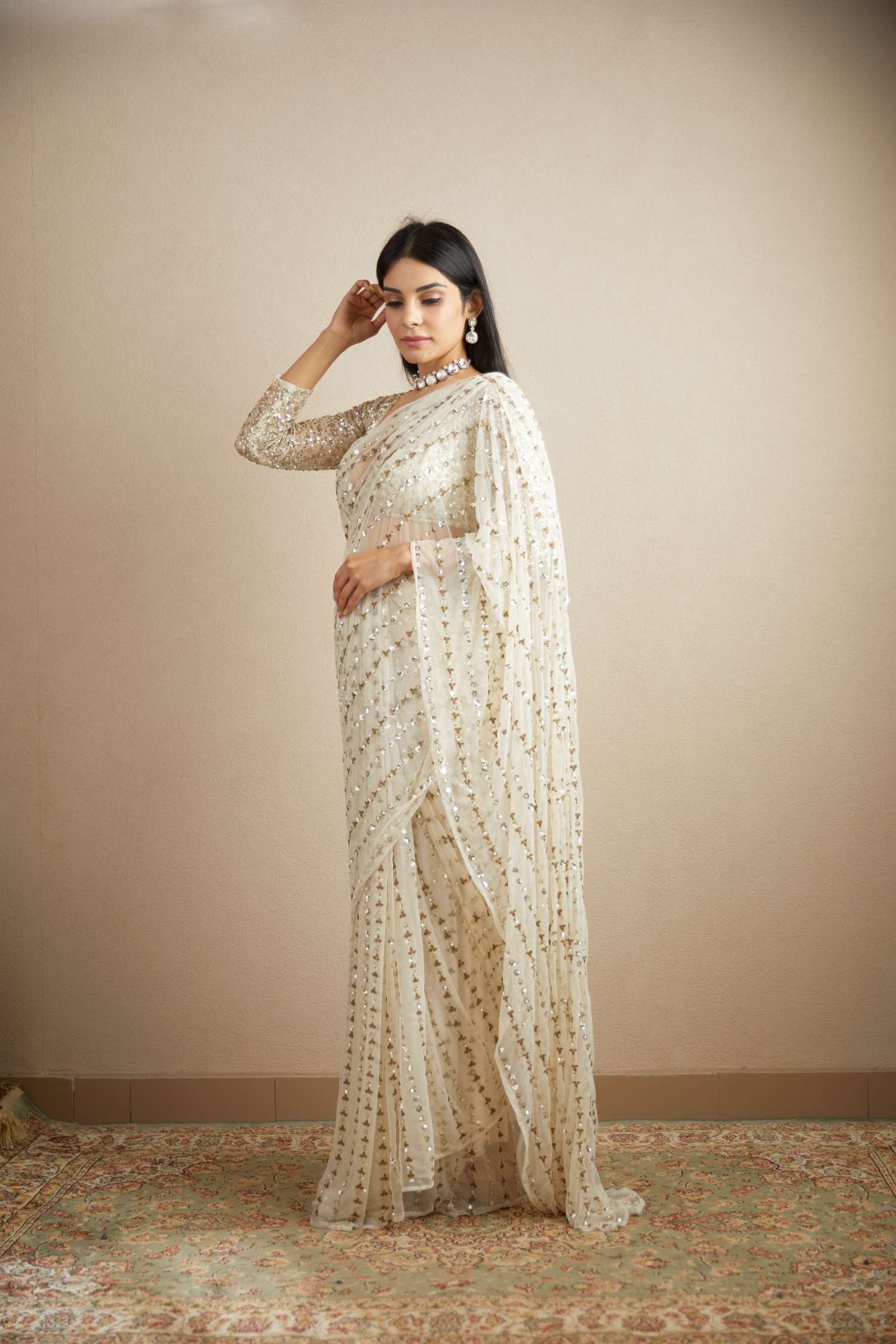 White Net Line Work Saree Set