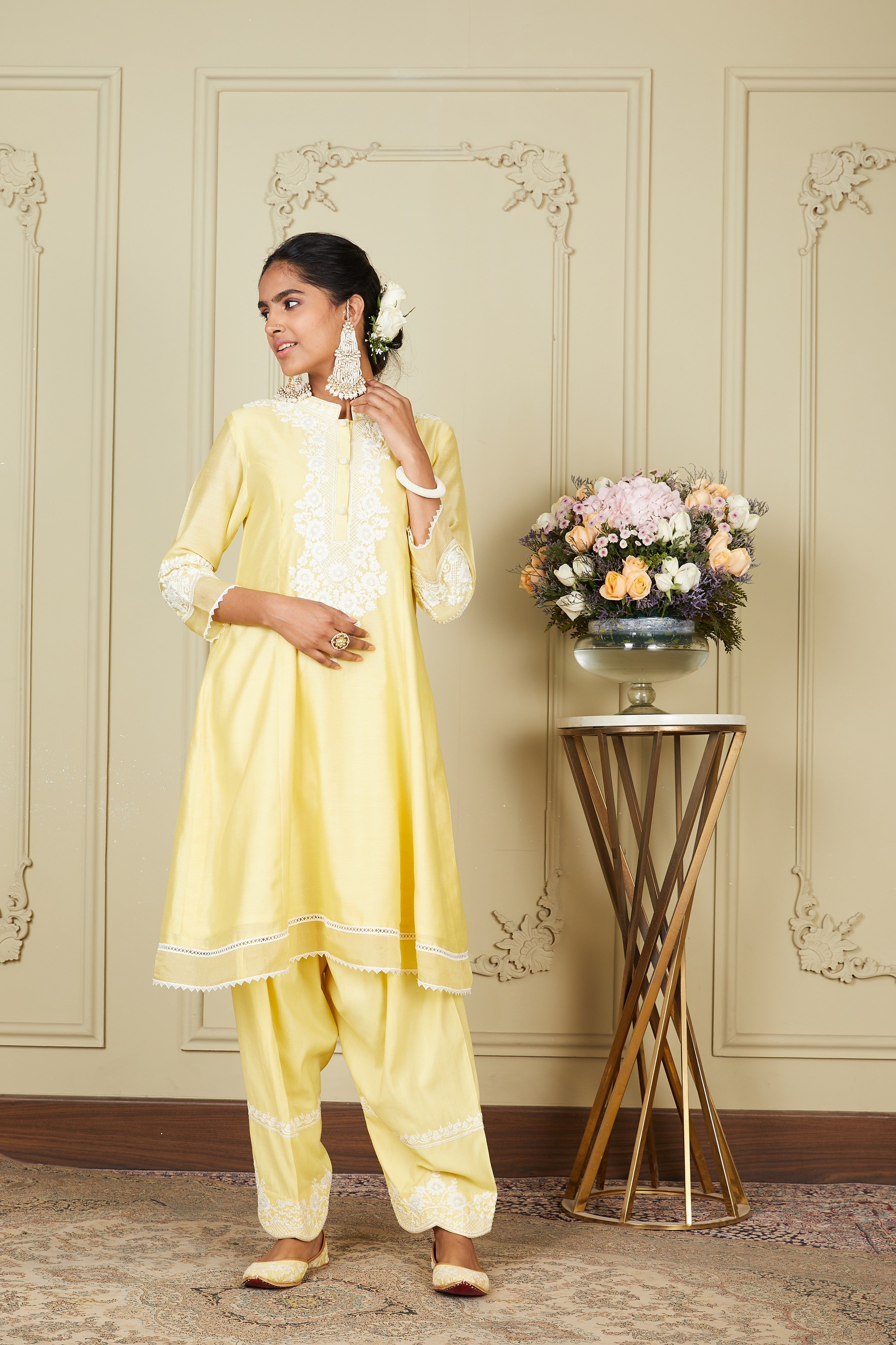 Ryhana - Lemon Yellow Princess-cut short kurta with salwar and dupatta