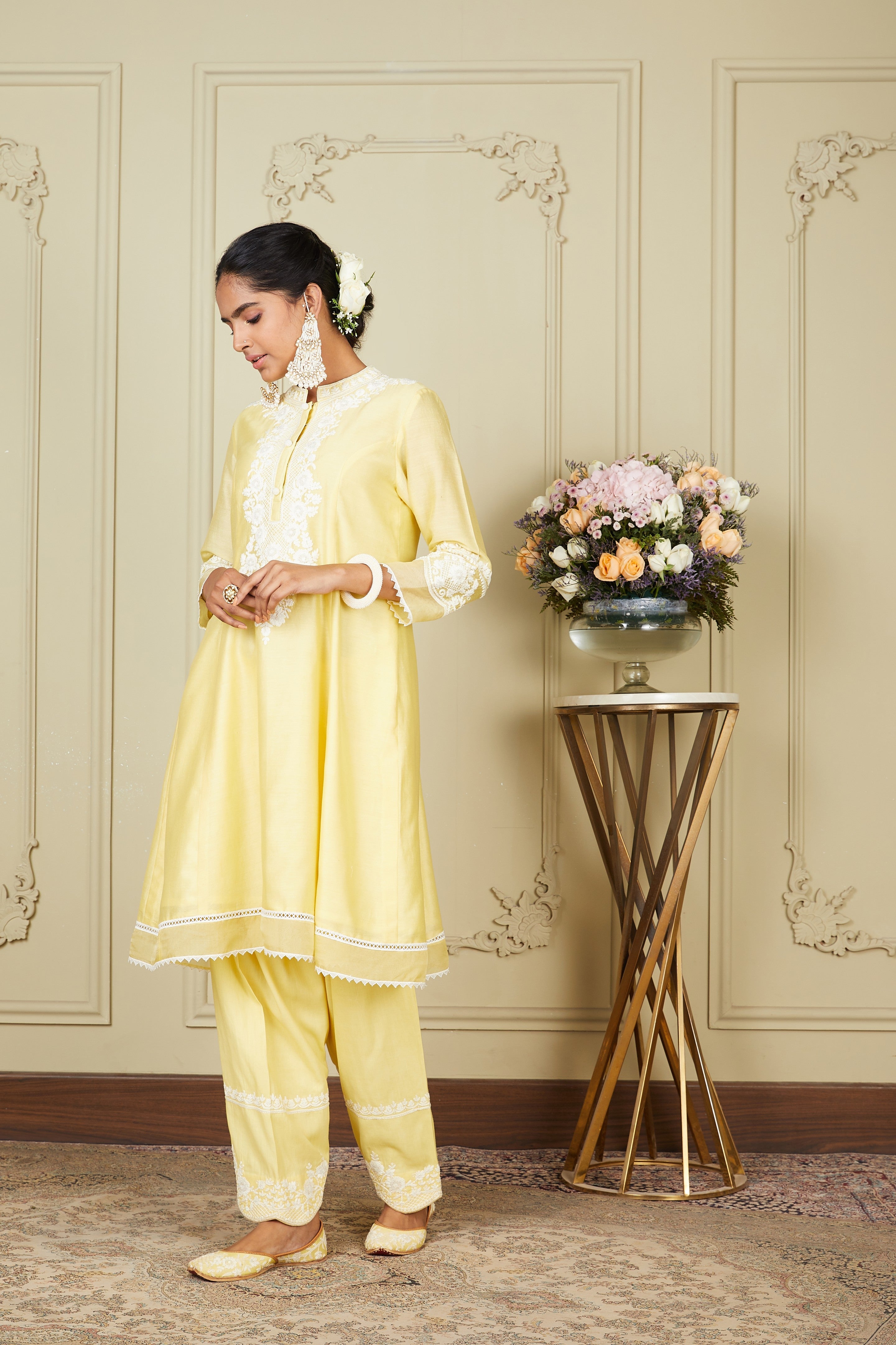 Ryhana - Lemon Yellow Princess-cut short kurta with salwar and dupatta