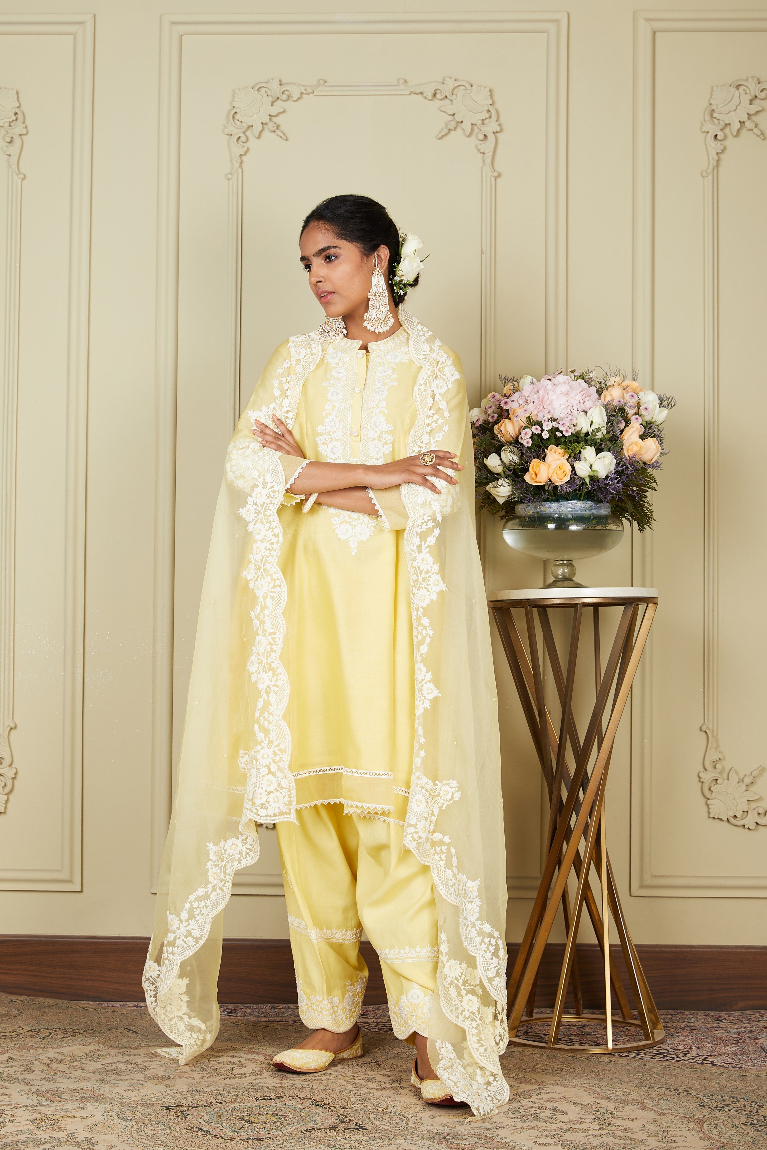 Ryhana - Lemon Yellow Princess-cut short kurta with salwar and dupatta