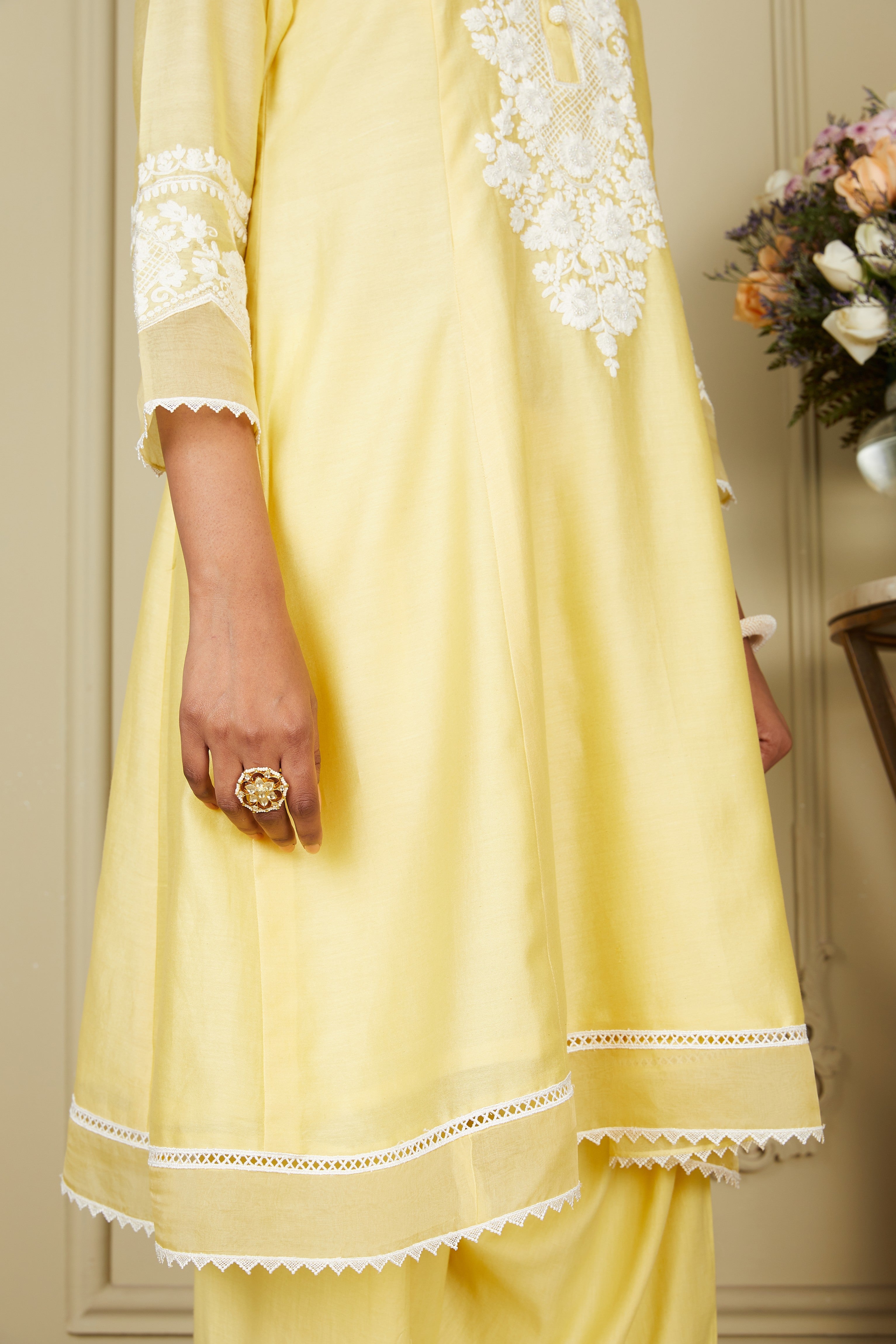 Ryhana - Lemon Yellow Princess-cut short kurta with salwar and dupatta