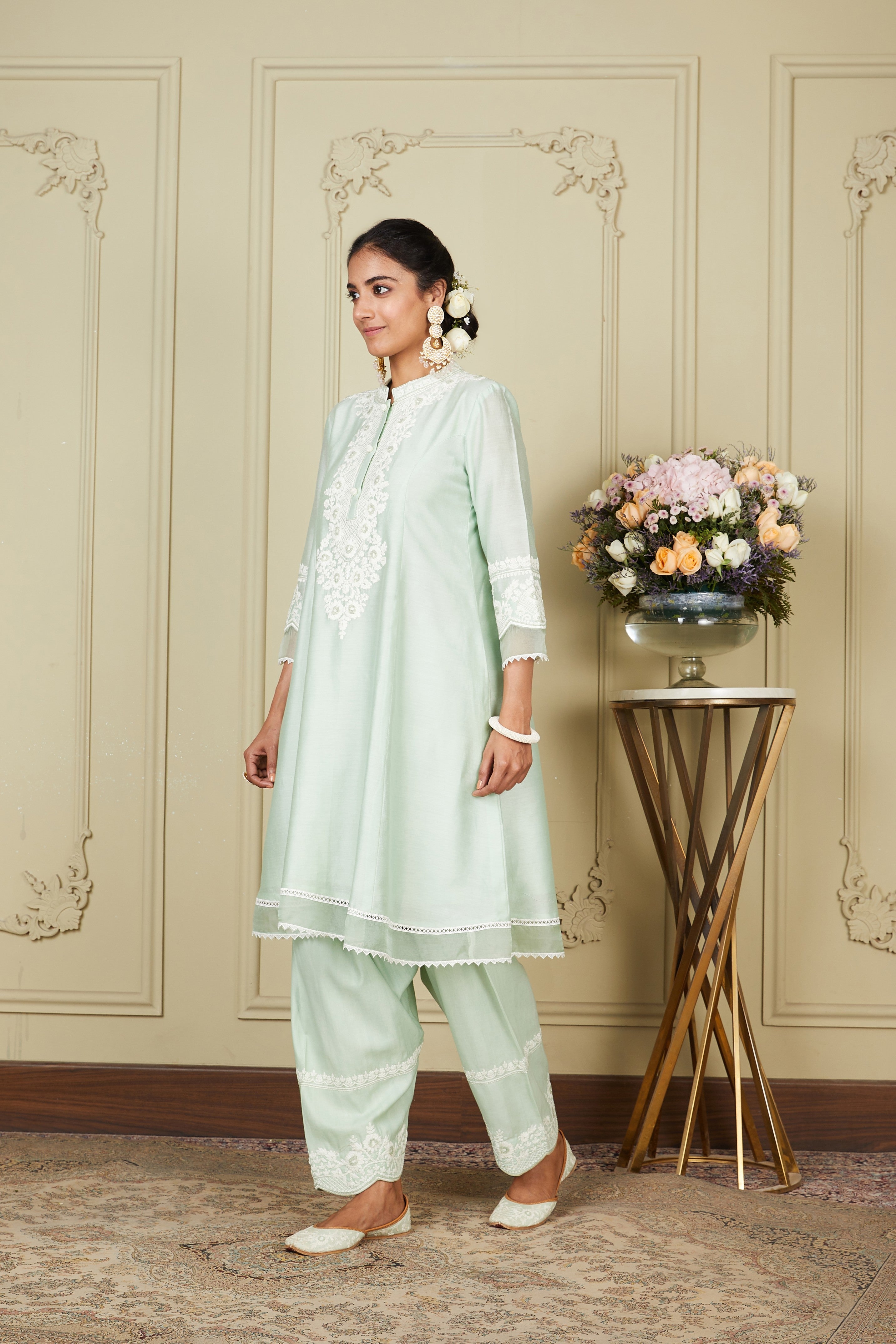 Ryhana - Frosty Green Princess-cut short kurta with salwar and dupatta
