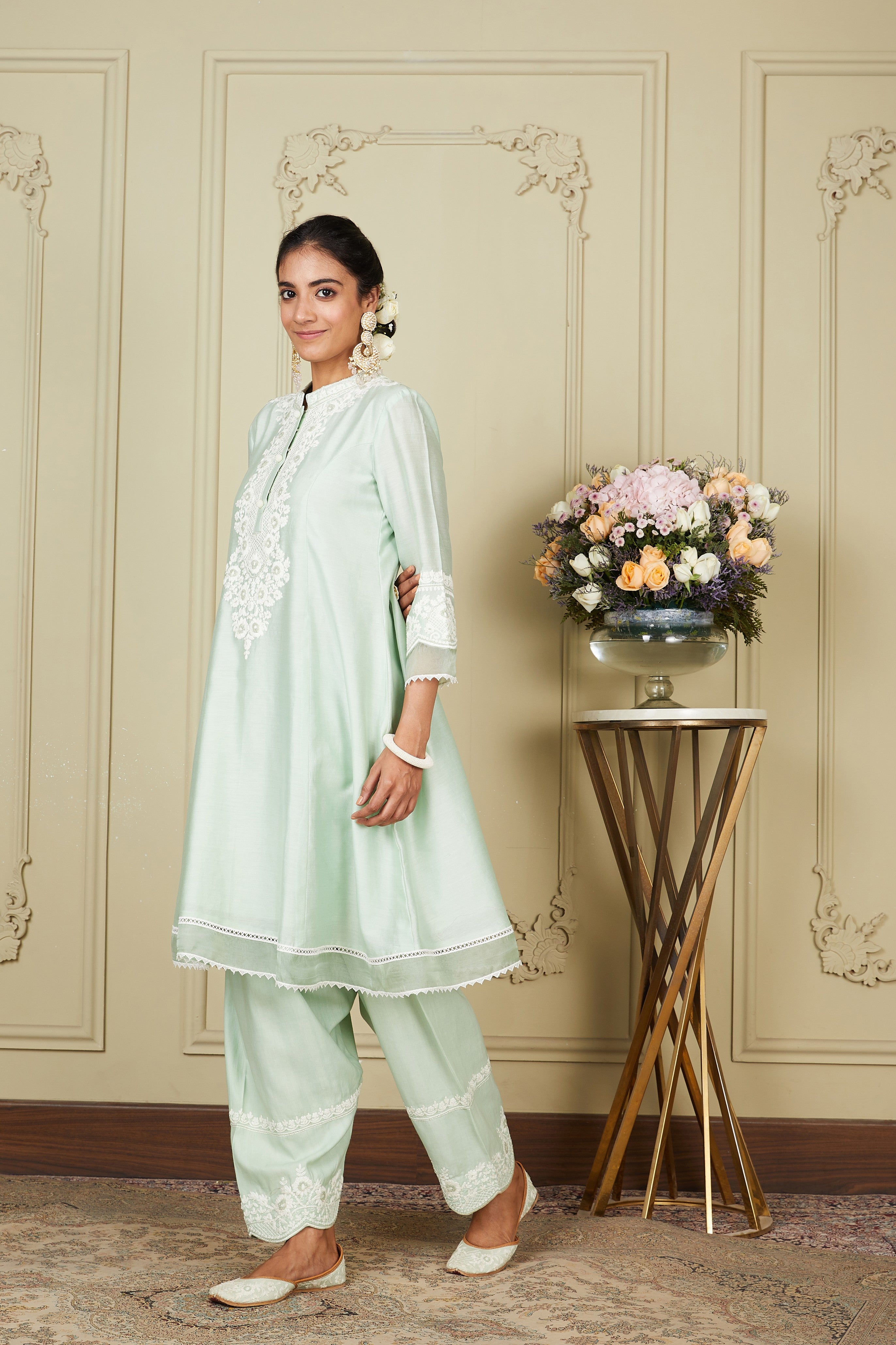 Ryhana - Frosty Green Princess-cut short kurta with salwar and dupatta