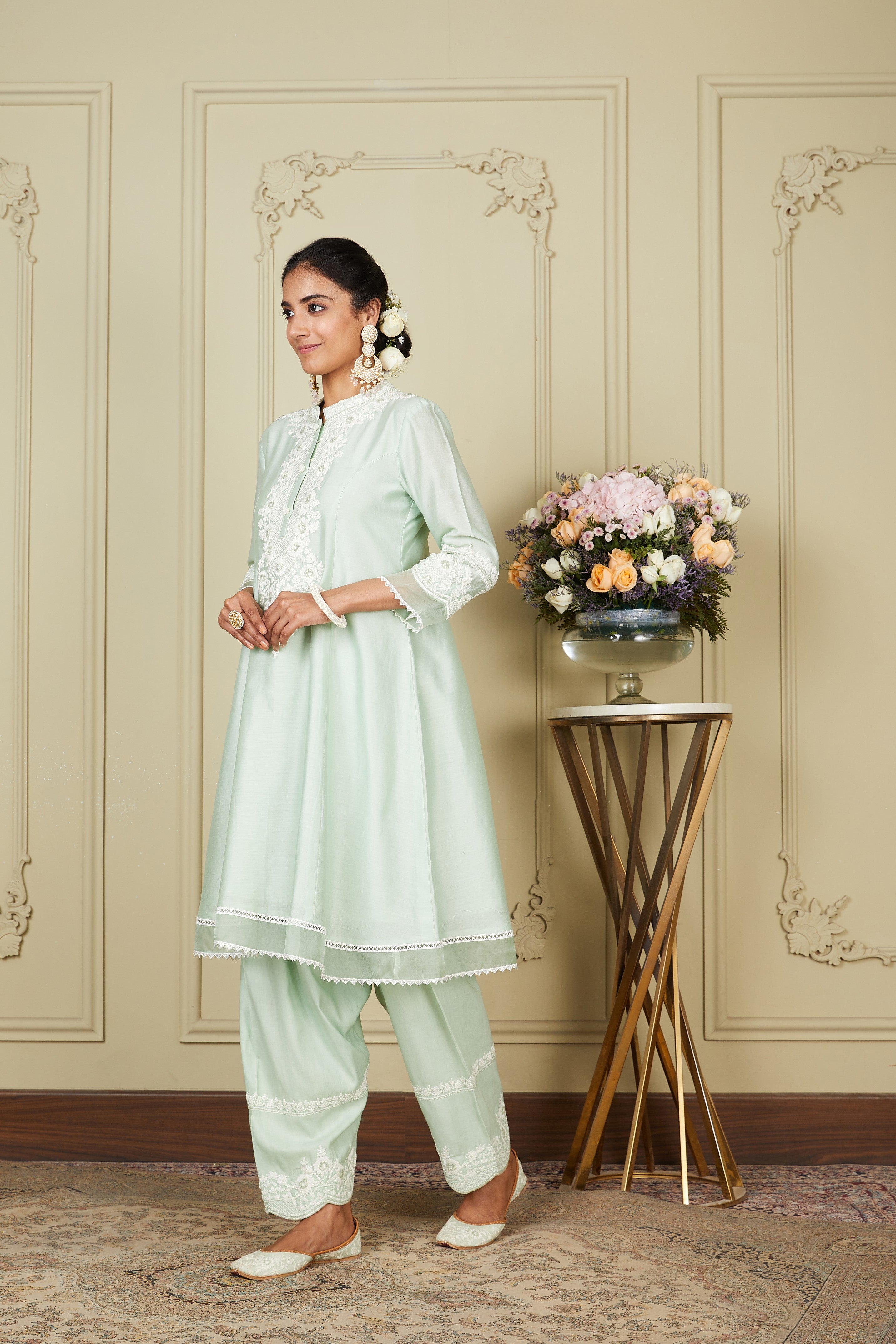Ryhana - Frosty Green Princess-cut short kurta with salwar and dupatta