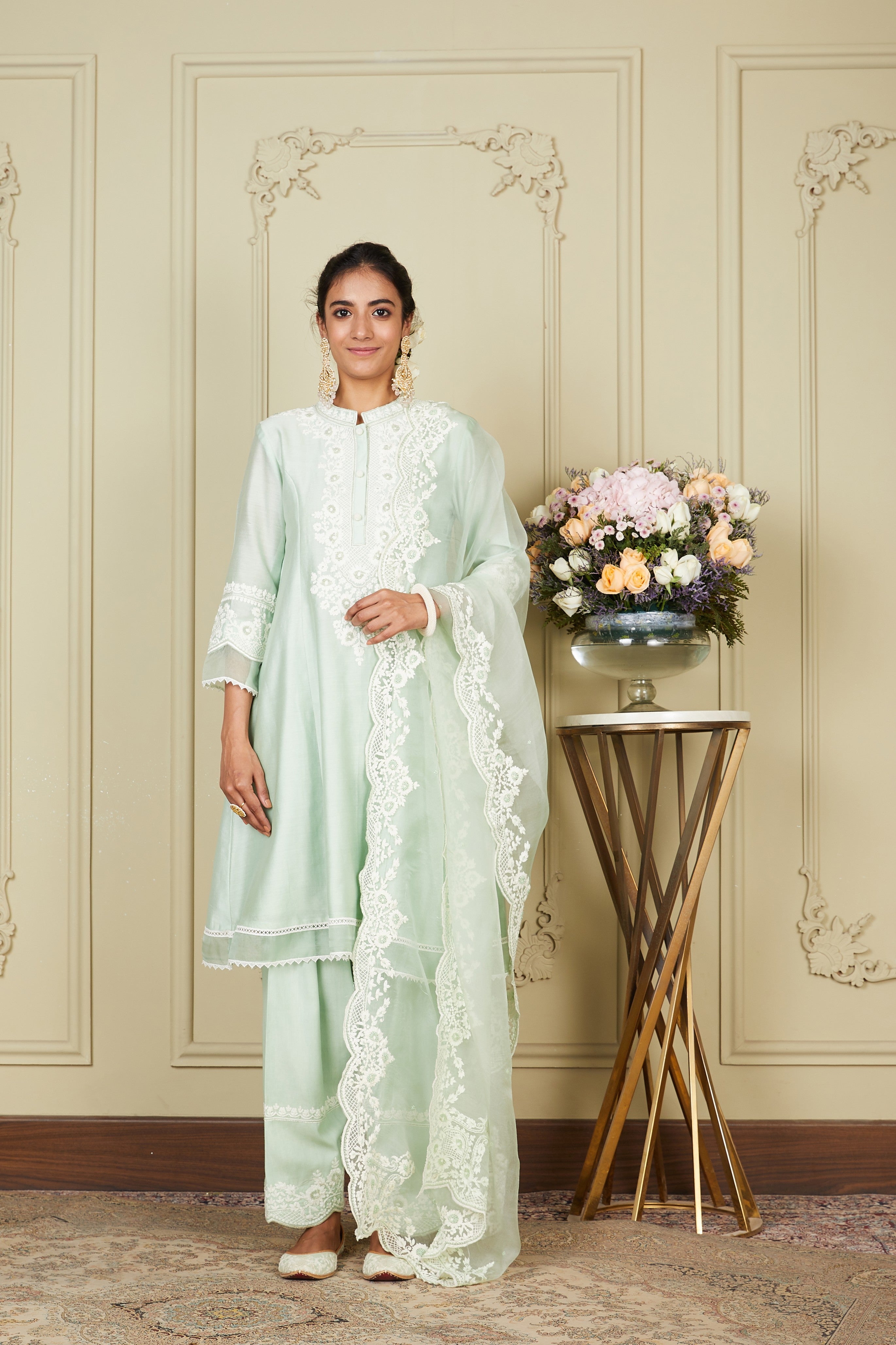 Ryhana - Frosty Green Princess-cut short kurta with salwar and dupatta