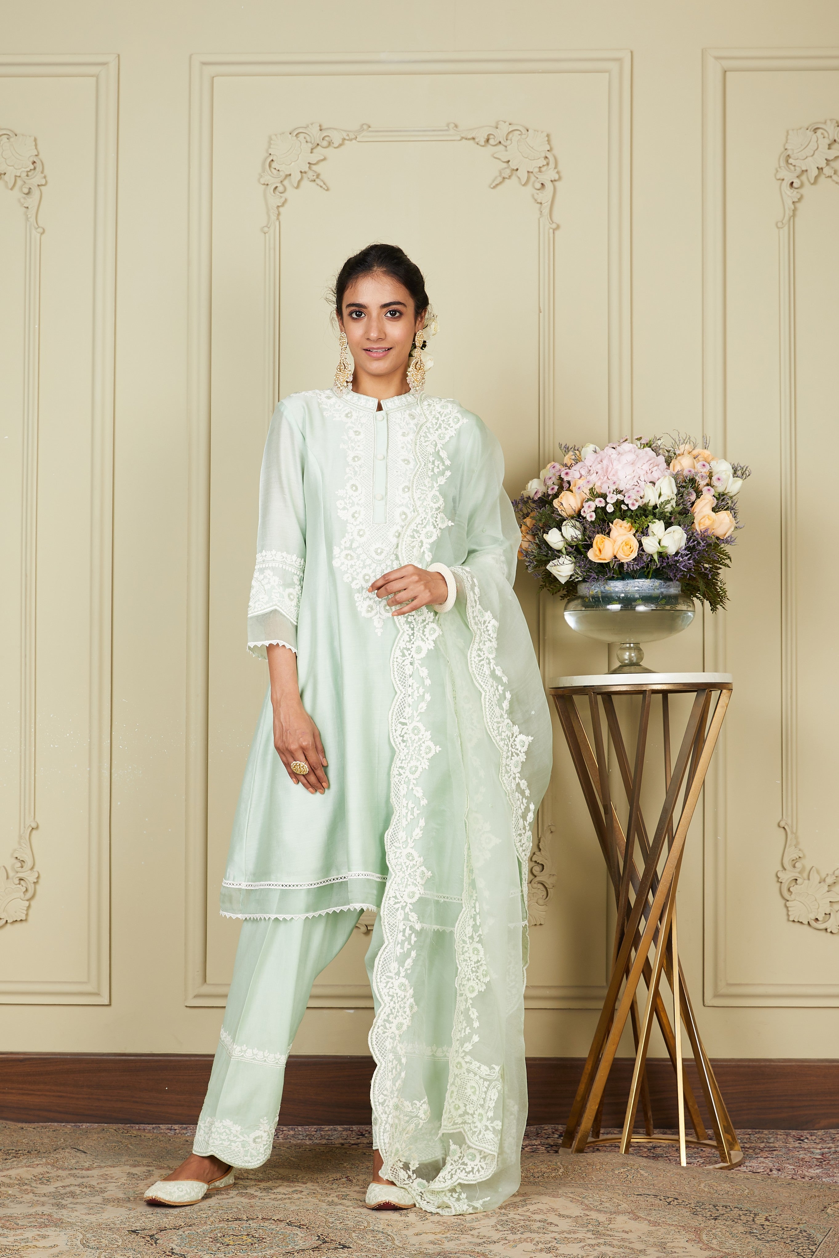 Ryhana - Frosty Green Princess-cut short kurta with salwar and dupatta