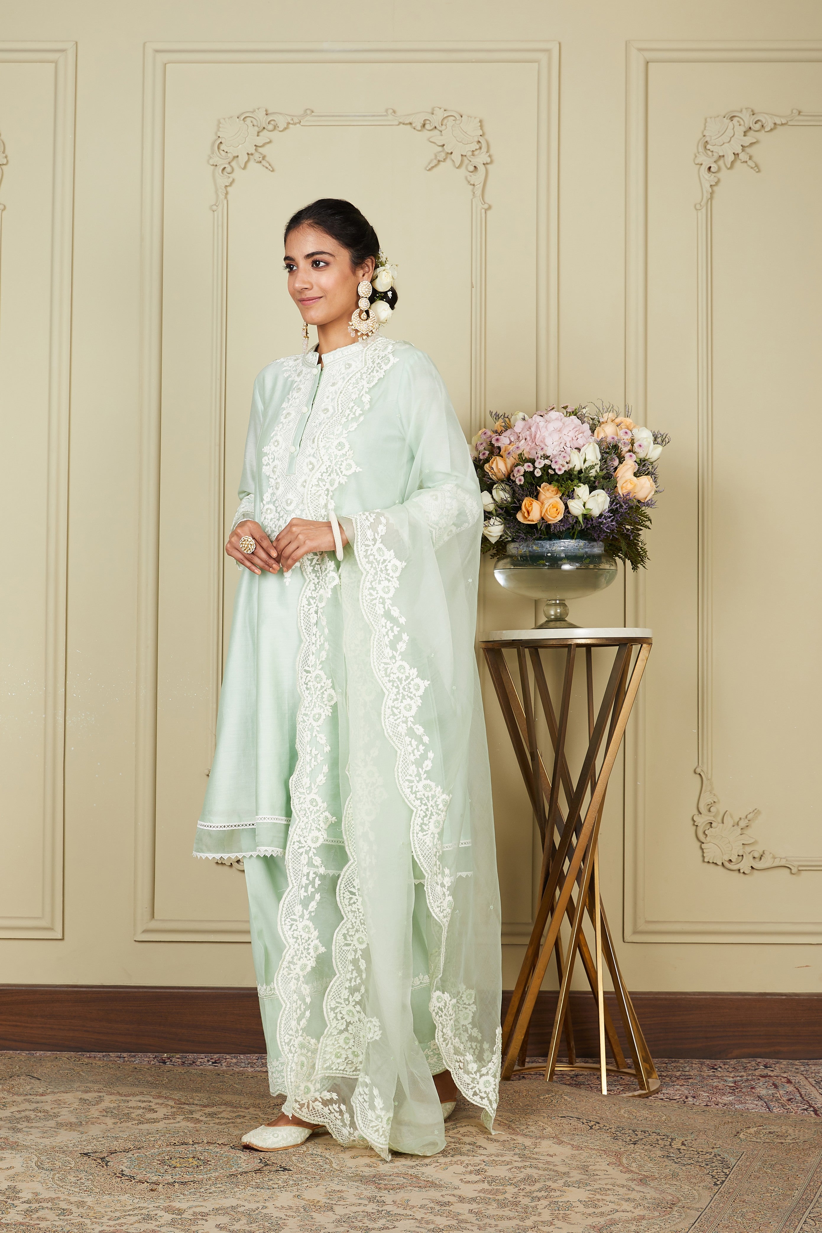 Ryhana - Frosty Green Princess-cut short kurta with salwar and dupatta