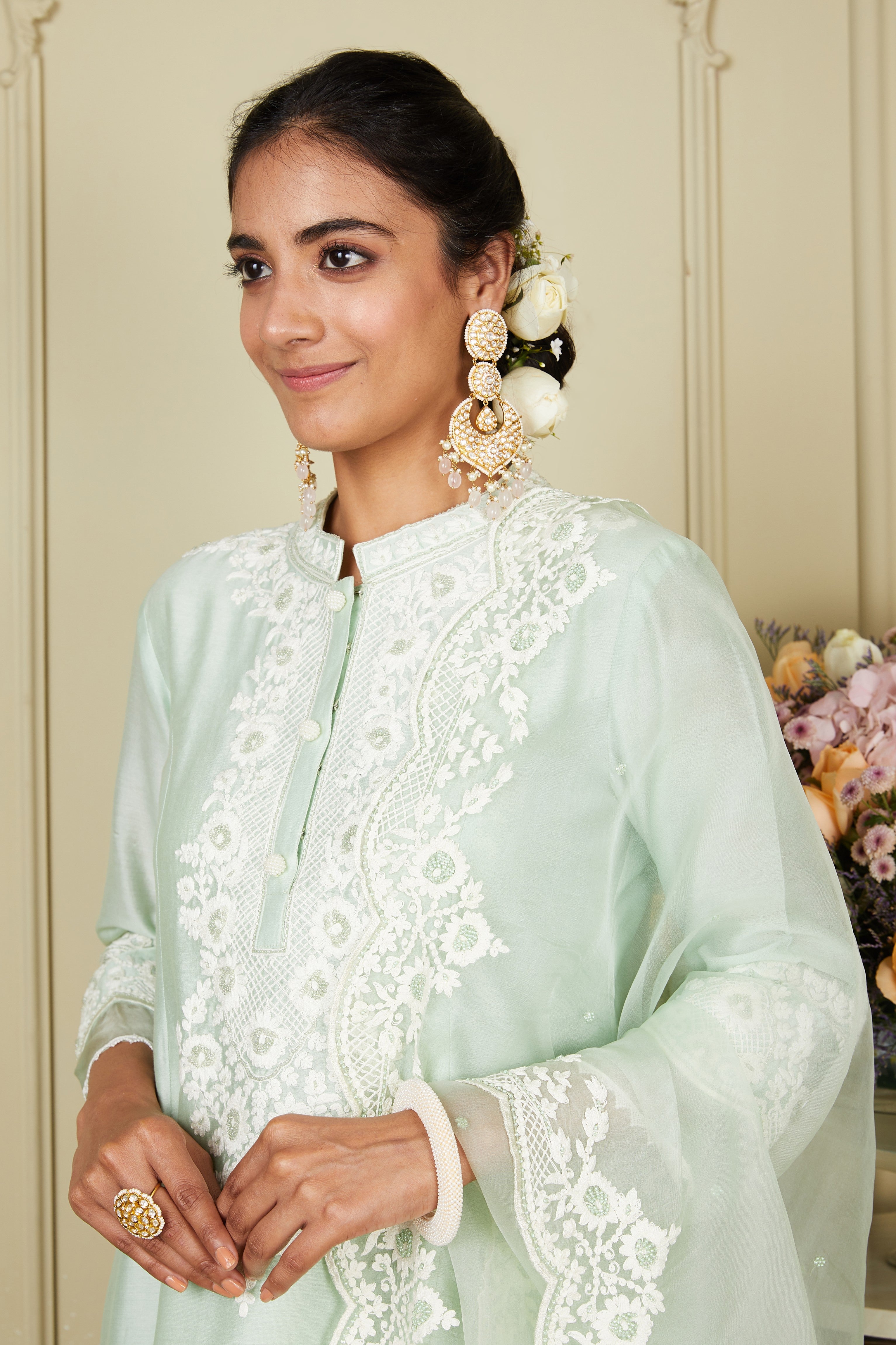 Ryhana - Frosty Green Princess-cut short kurta with salwar and dupatta
