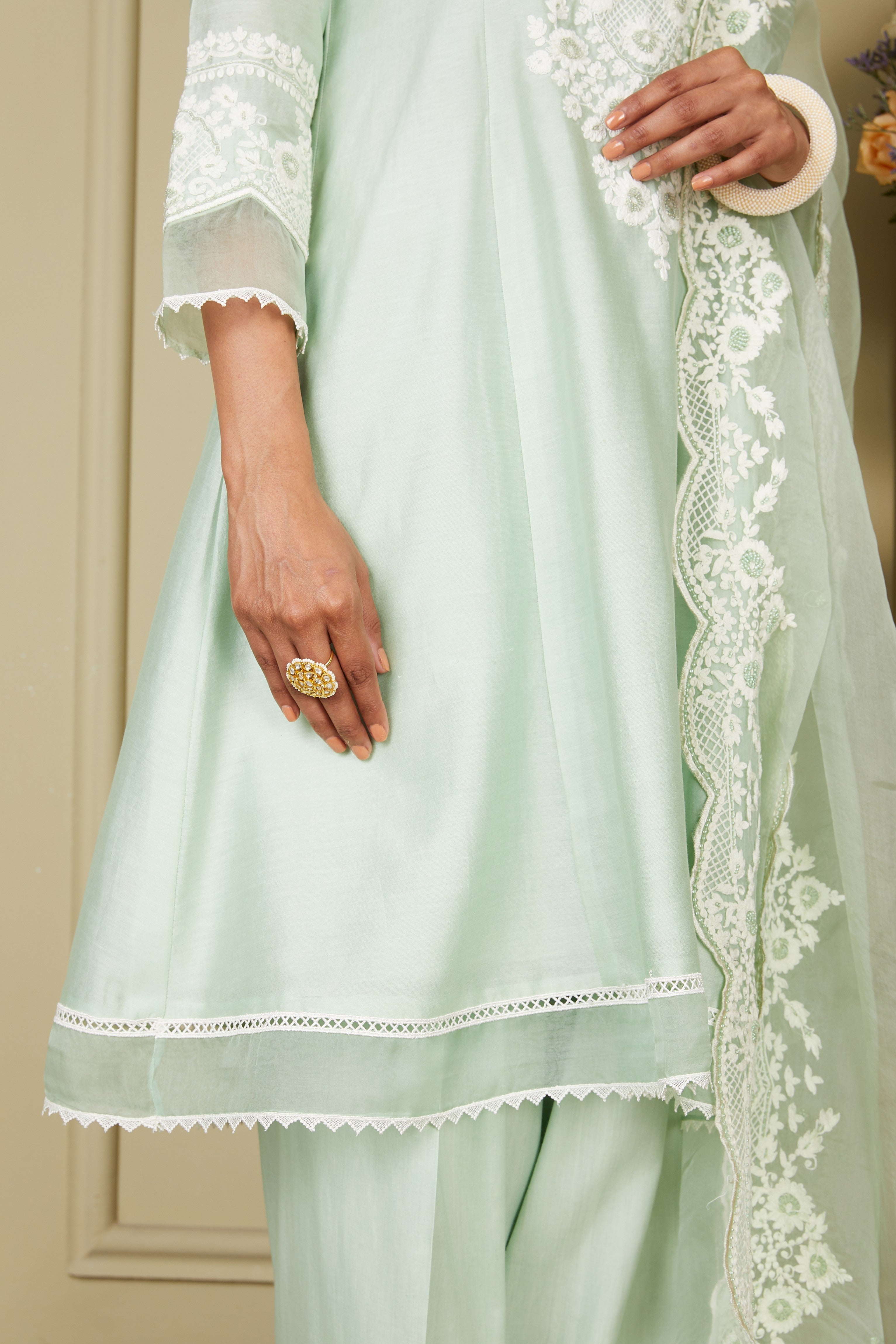 Ryhana - Frosty Green Princess-cut short kurta with salwar and dupatta