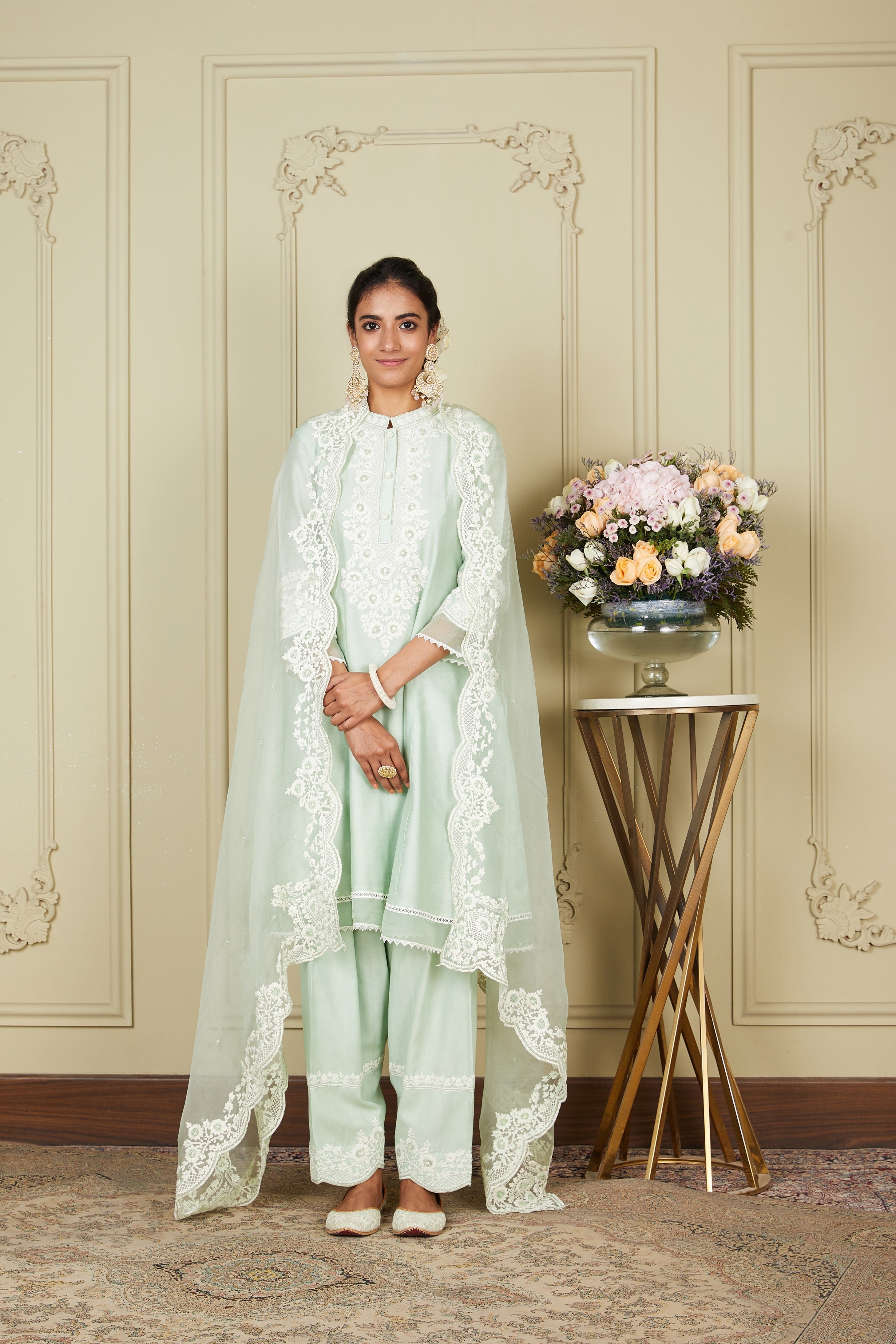 Ryhana - Frosty Green Princess-cut short kurta with salwar and dupatta
