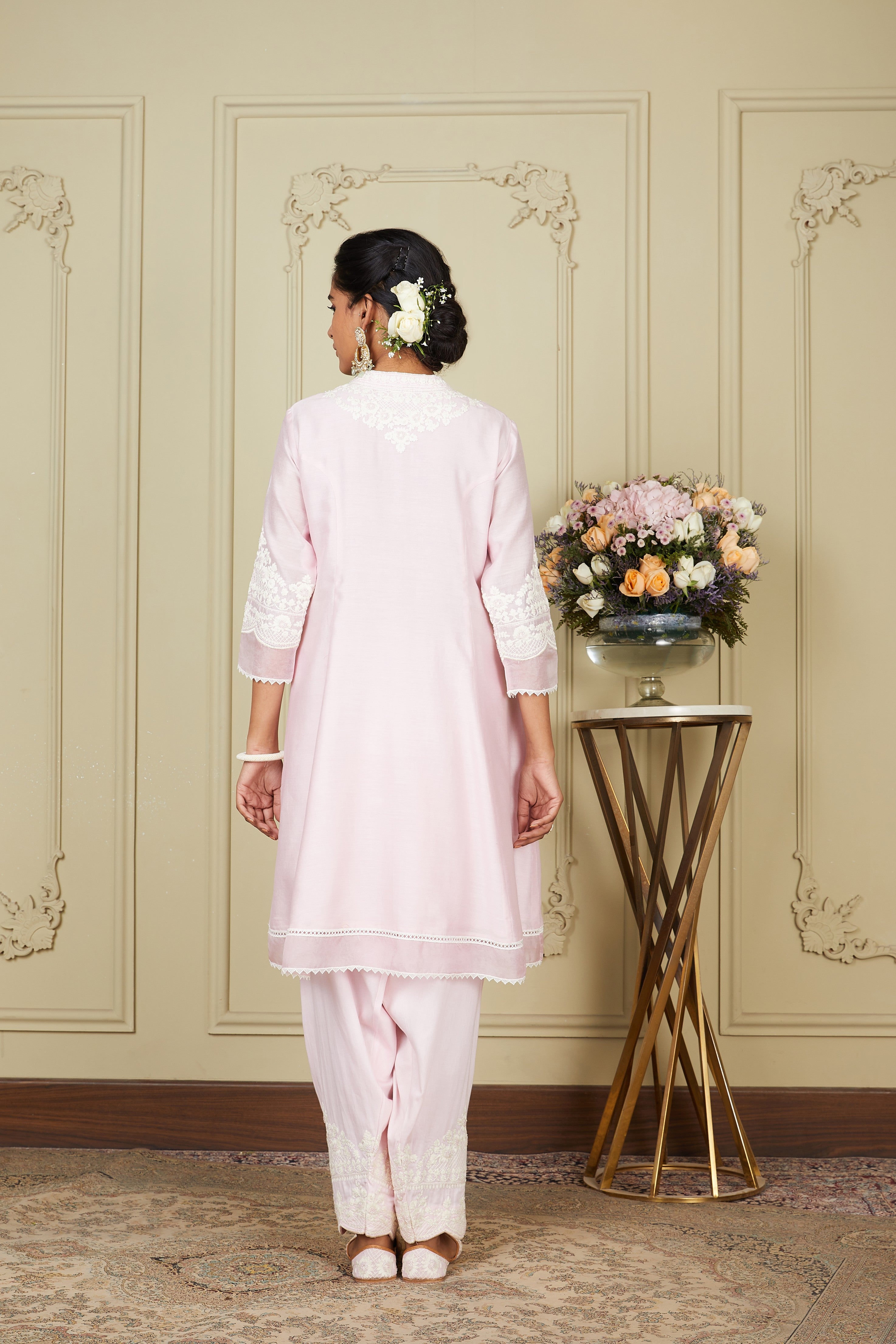 Kiara Advani V Neck Ruzena - Pearl Blush Princess-cut short kurta with salwar and dupatta