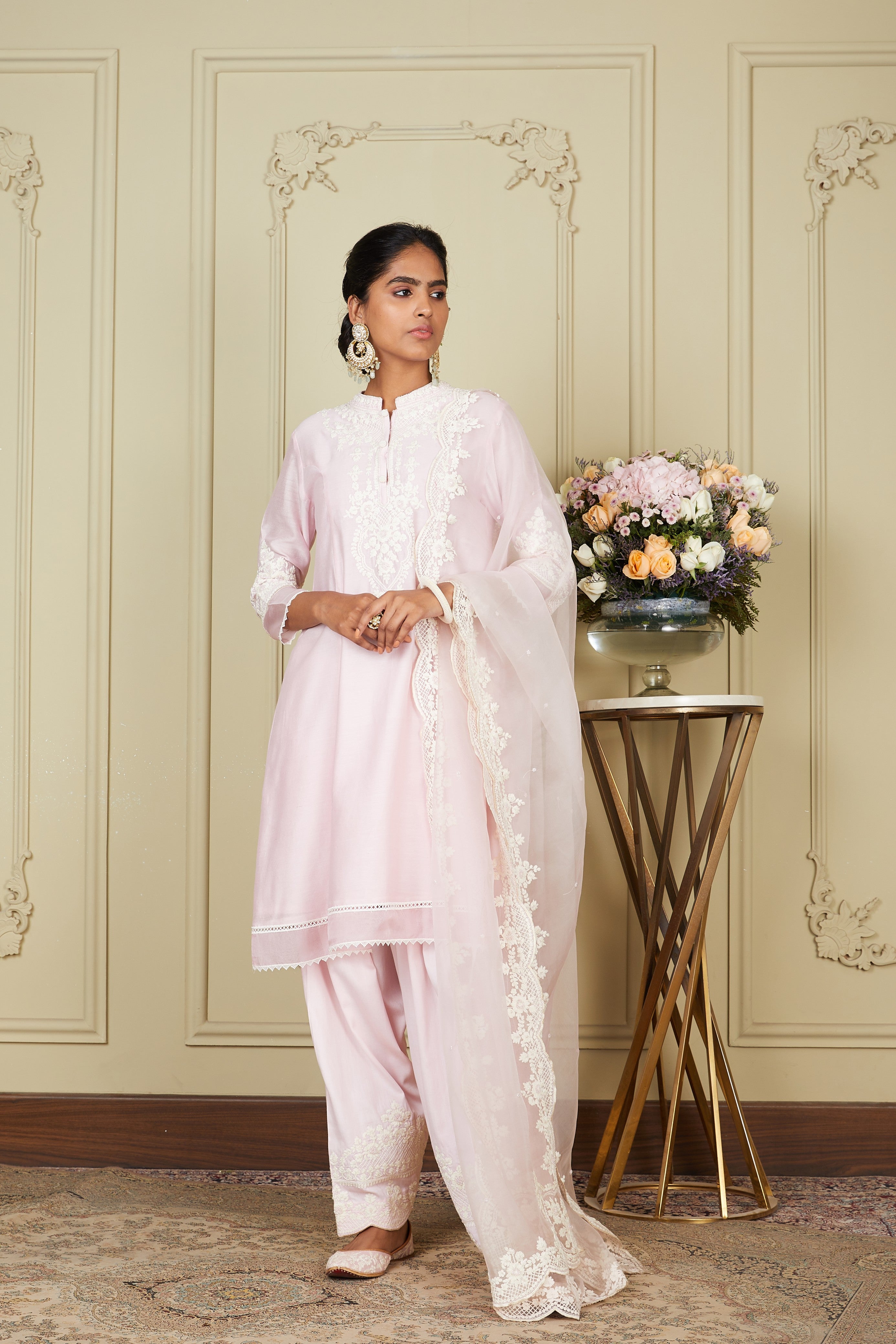 Kiara Advani V Neck Ruzena - Pearl Blush Princess-cut short kurta with salwar and dupatta