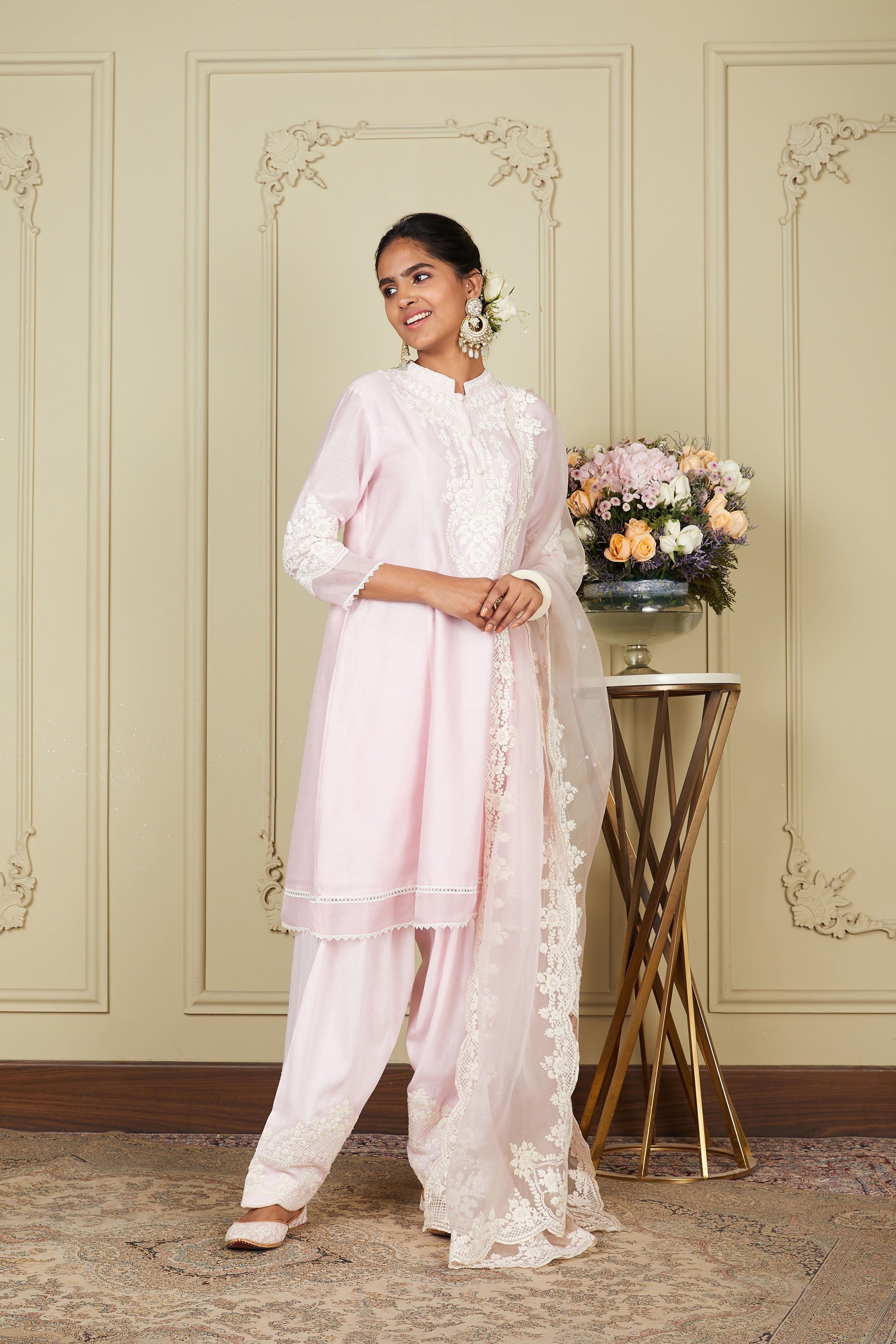 Kiara Advani V Neck Ruzena - Pearl Blush Princess-cut short kurta with salwar and dupatta