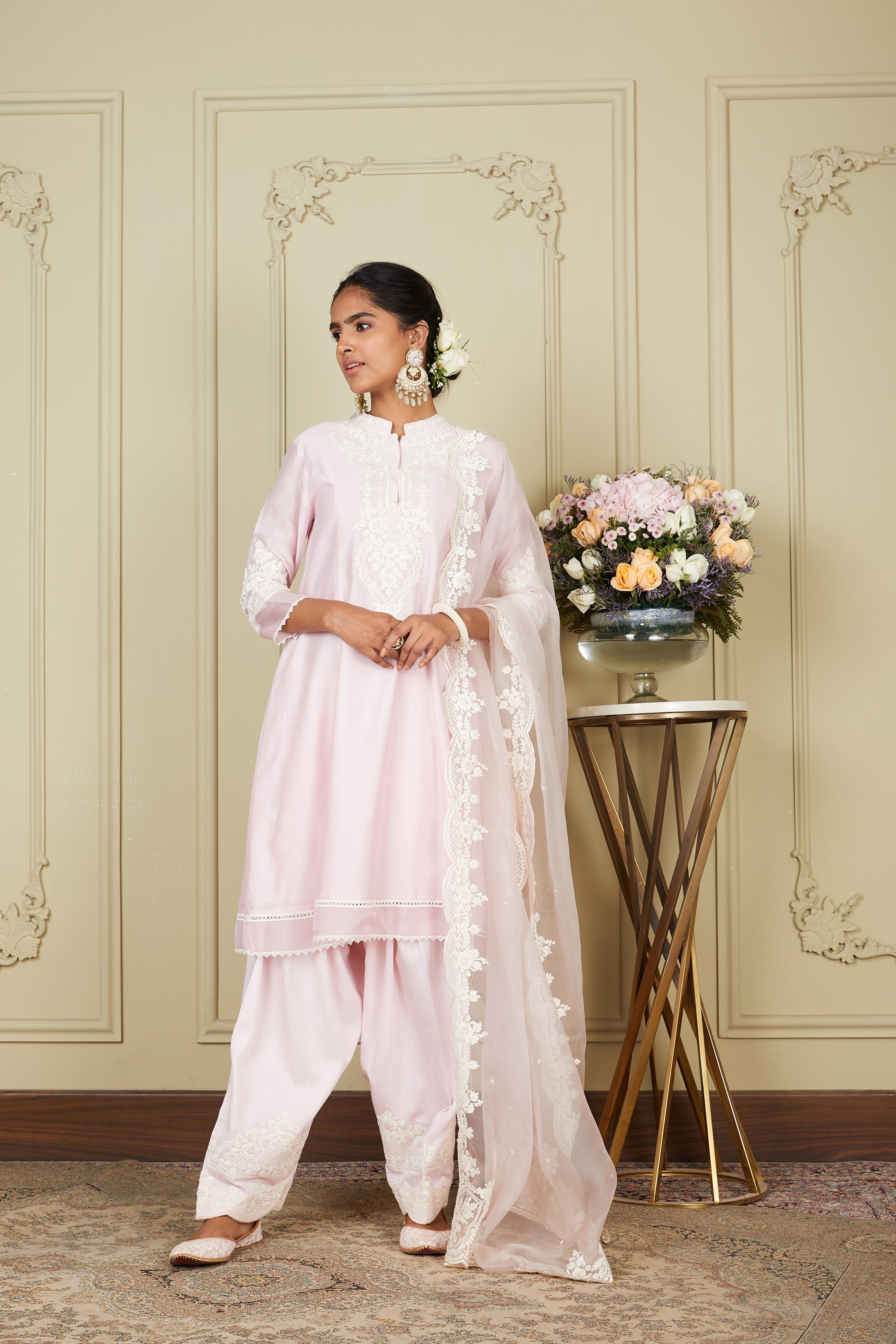 Kiara Advani V Neck Ruzena - Pearl Blush Princess-cut short kurta with salwar and dupatta
