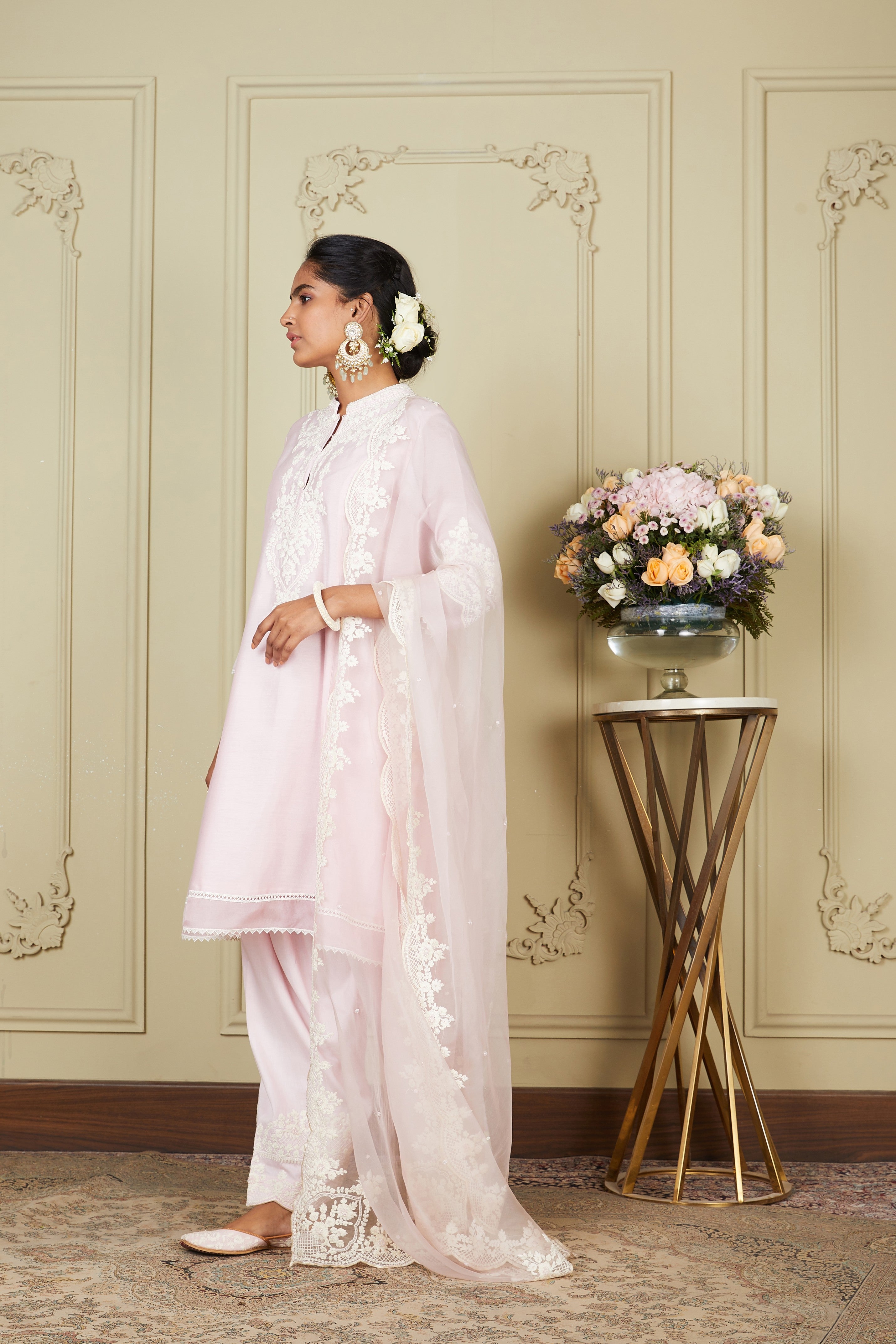 Kiara Advani V Neck Ruzena - Pearl Blush Princess-cut short kurta with salwar and dupatta