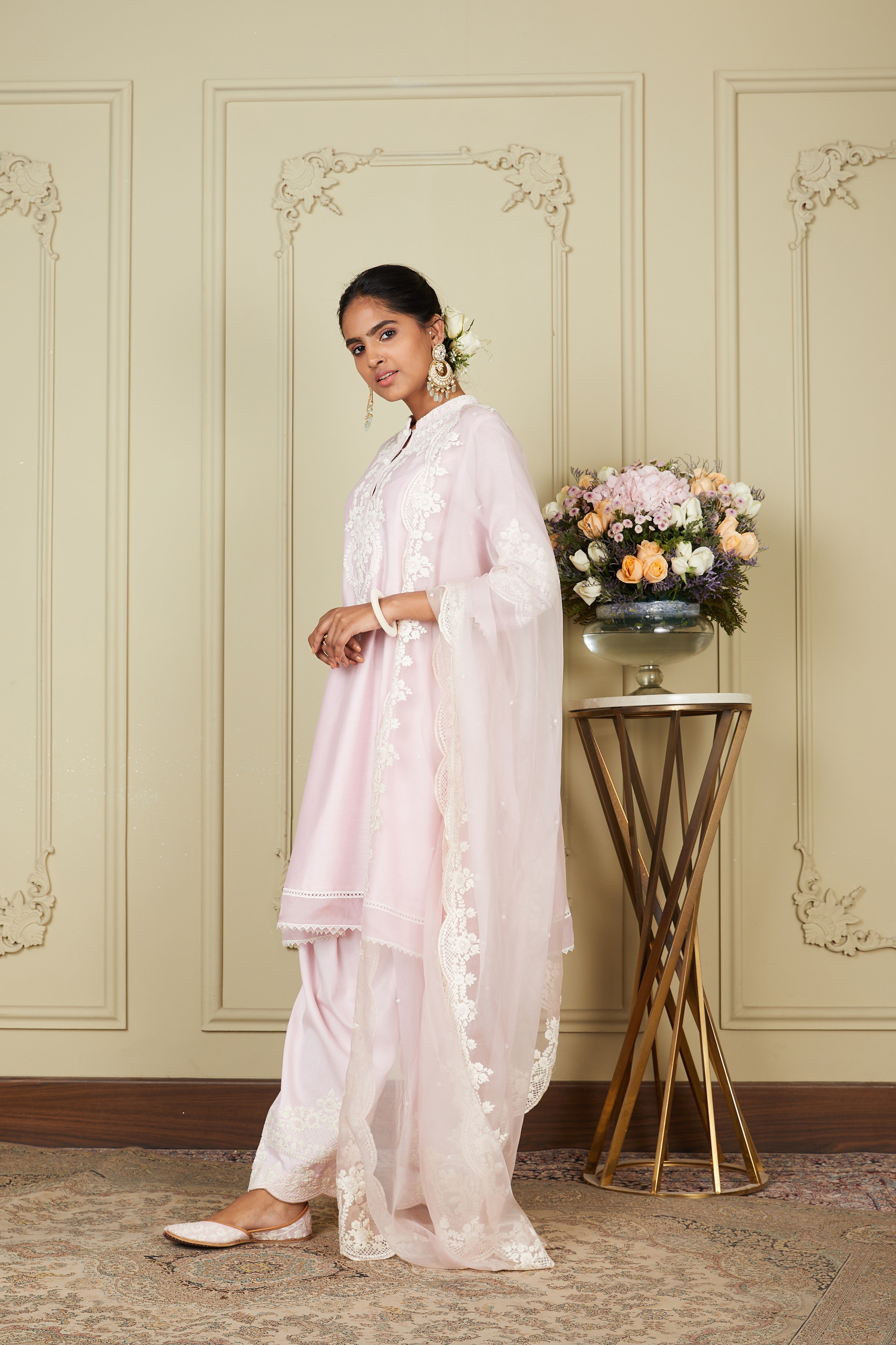 Kiara Advani V Neck Ruzena - Pearl Blush Princess-cut short kurta with salwar and dupatta
