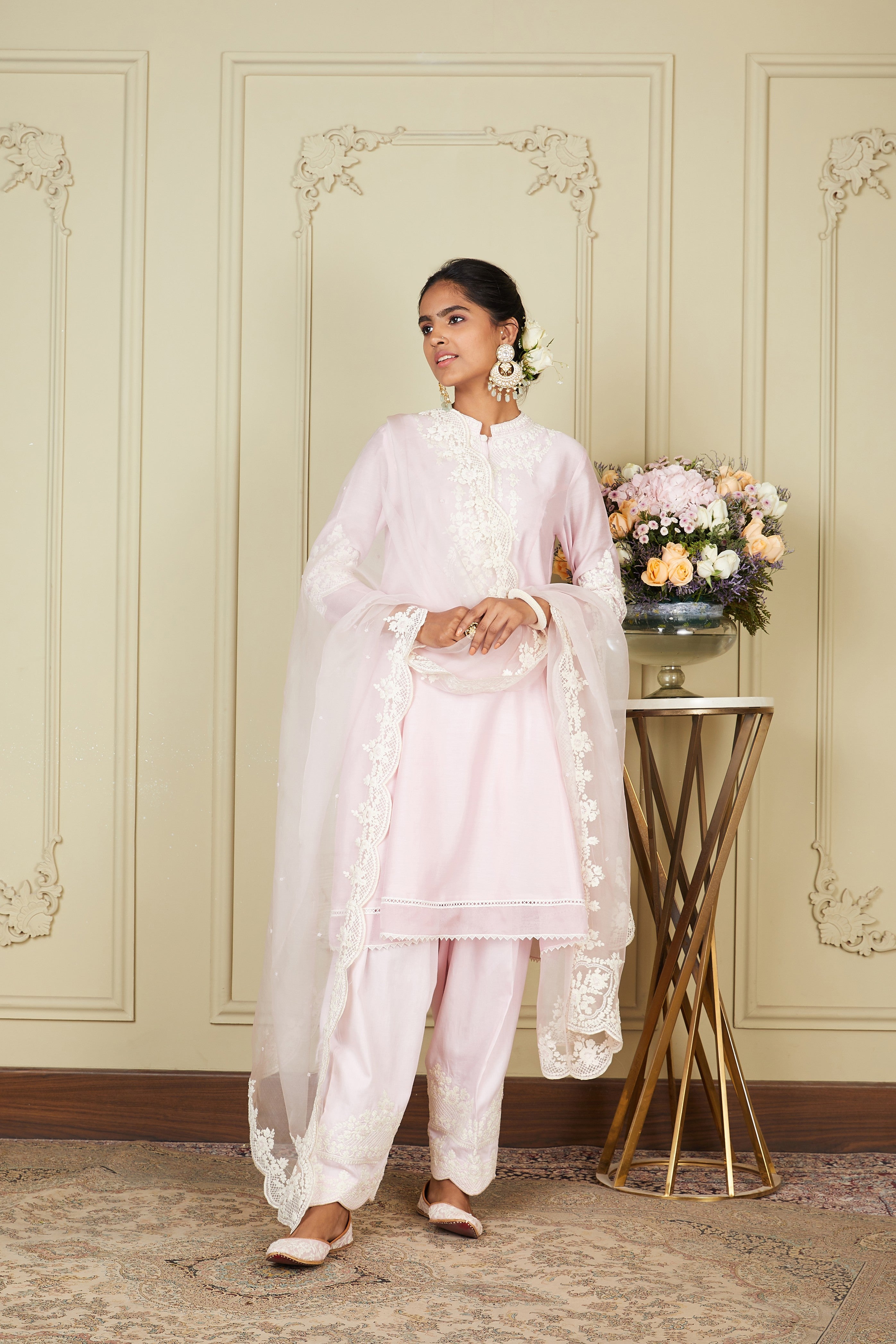 Kiara Advani V Neck Ruzena - Pearl Blush Princess-cut short kurta with salwar and dupatta