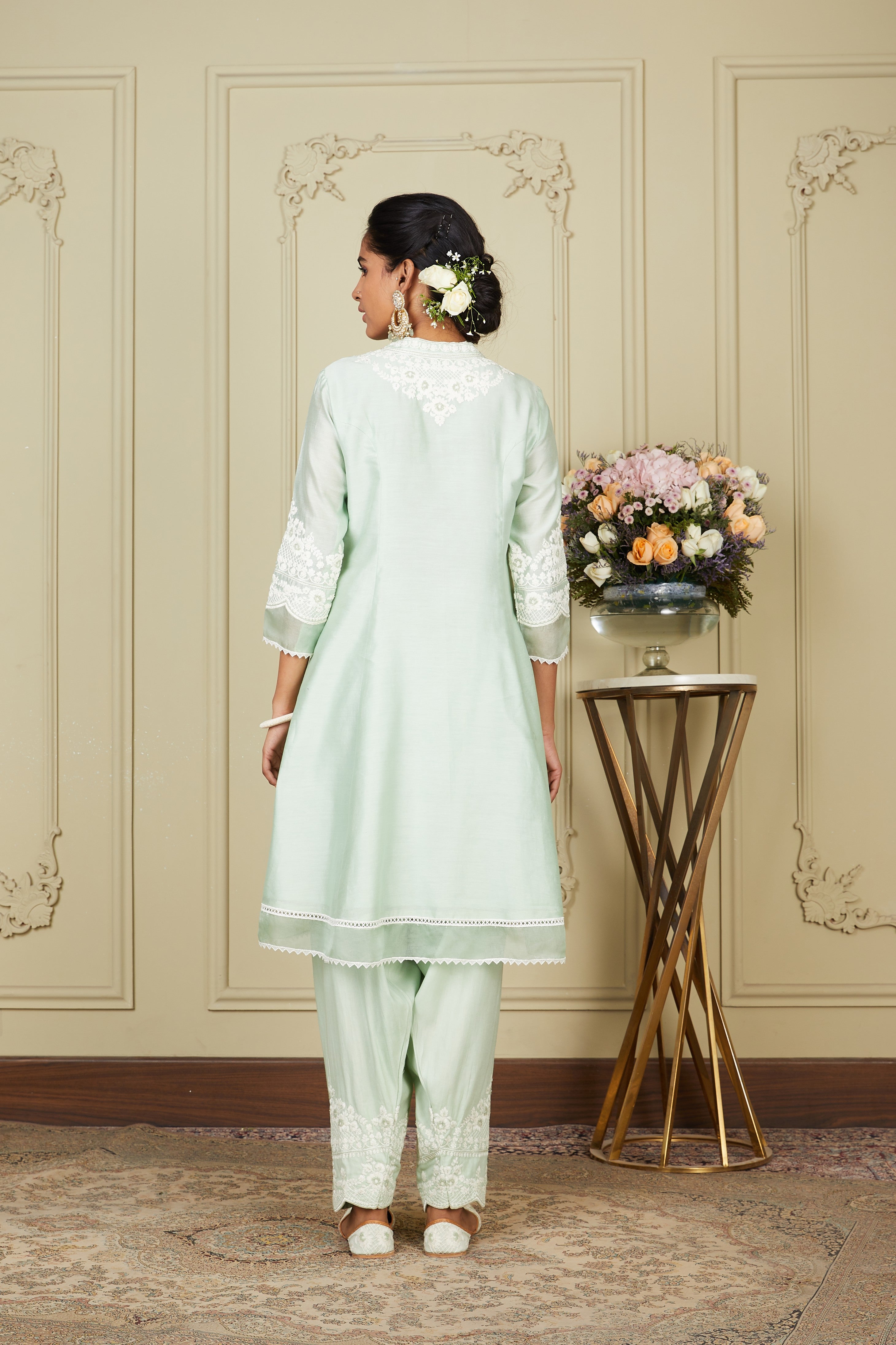 Ruzena - Frosty Green Princess-cut short kurta with salwar and dupatta