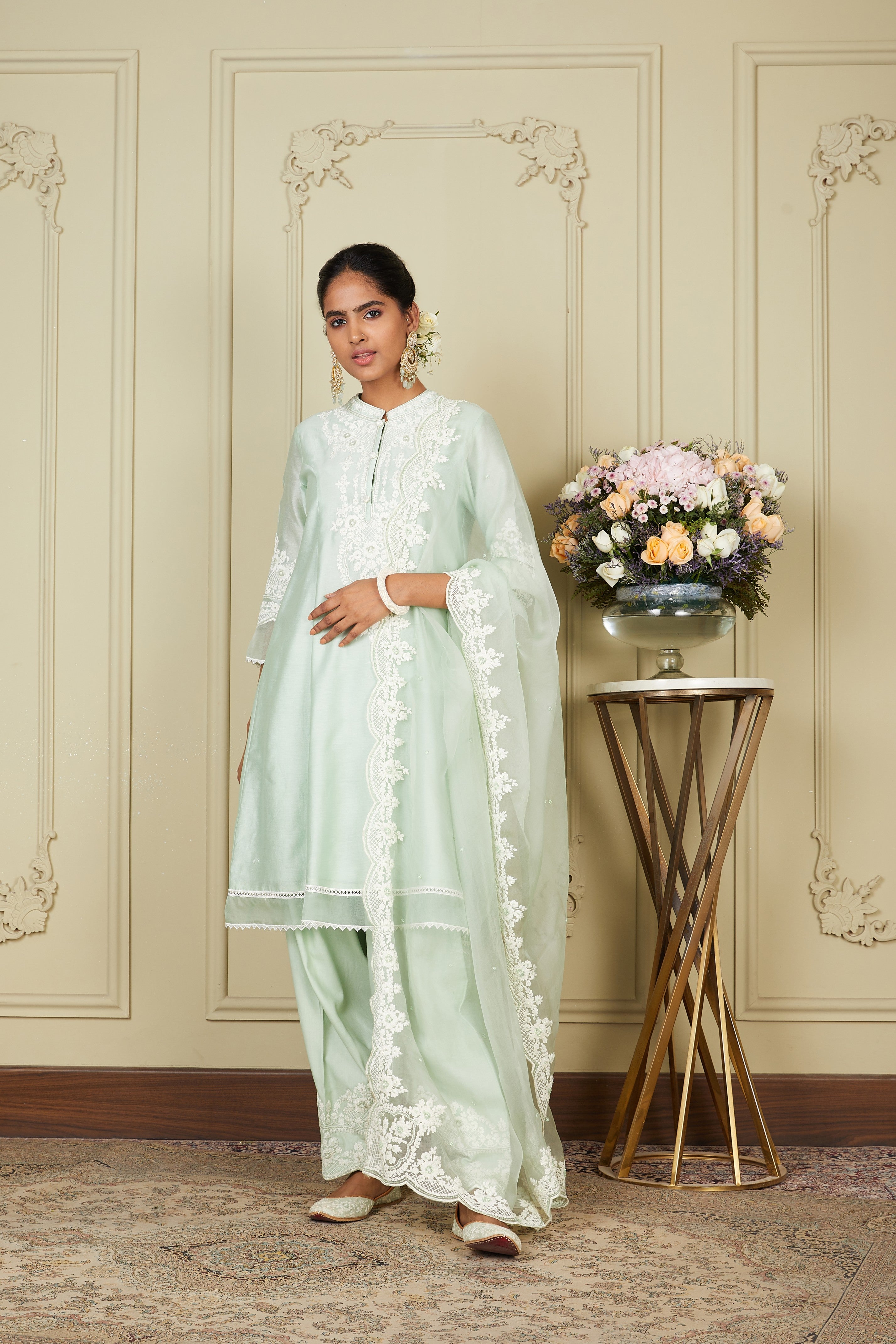 Ruzena - Frosty Green Princess-cut short kurta with salwar and dupatta