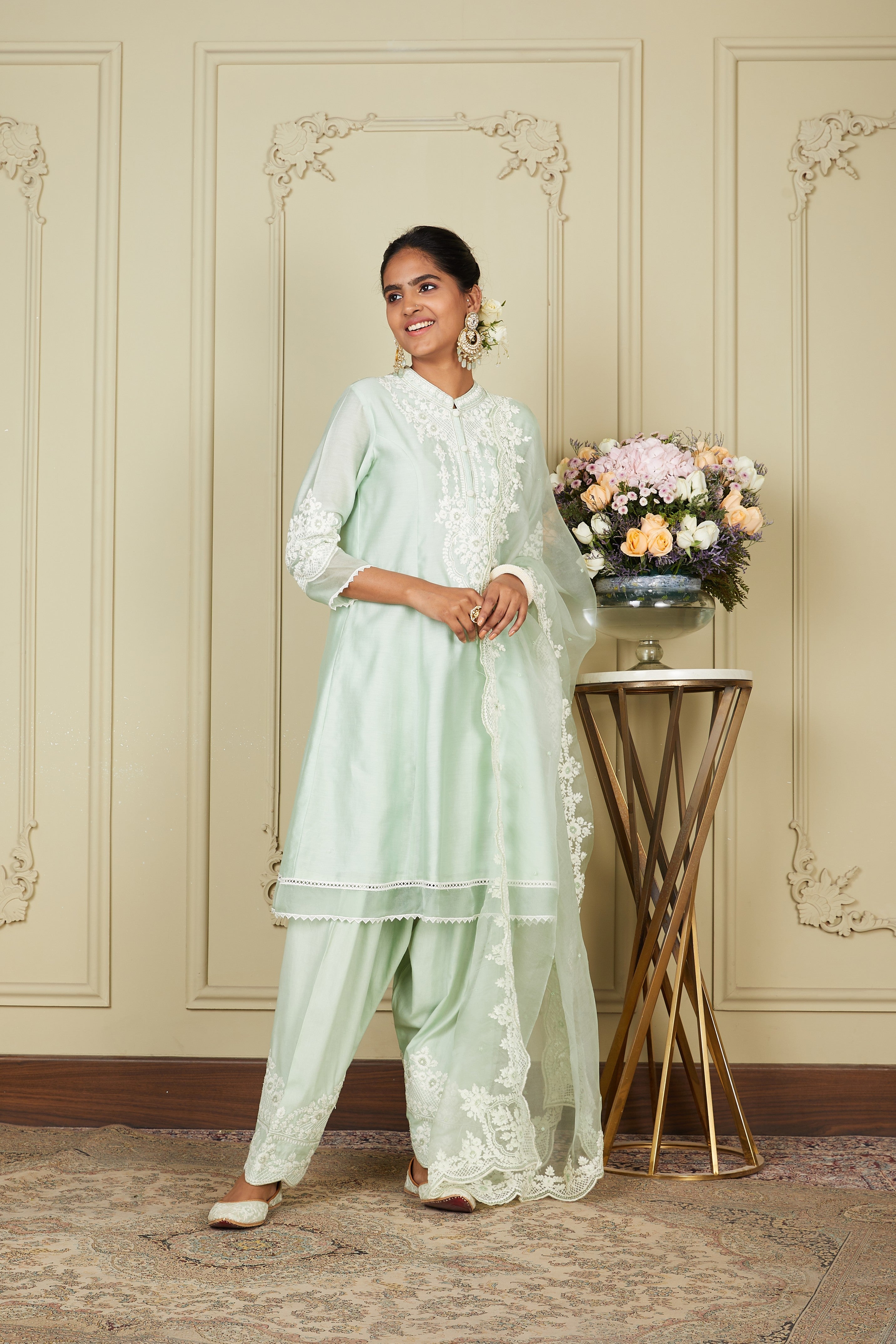 Ruzena - Frosty Green Princess-cut short kurta with salwar and dupatta
